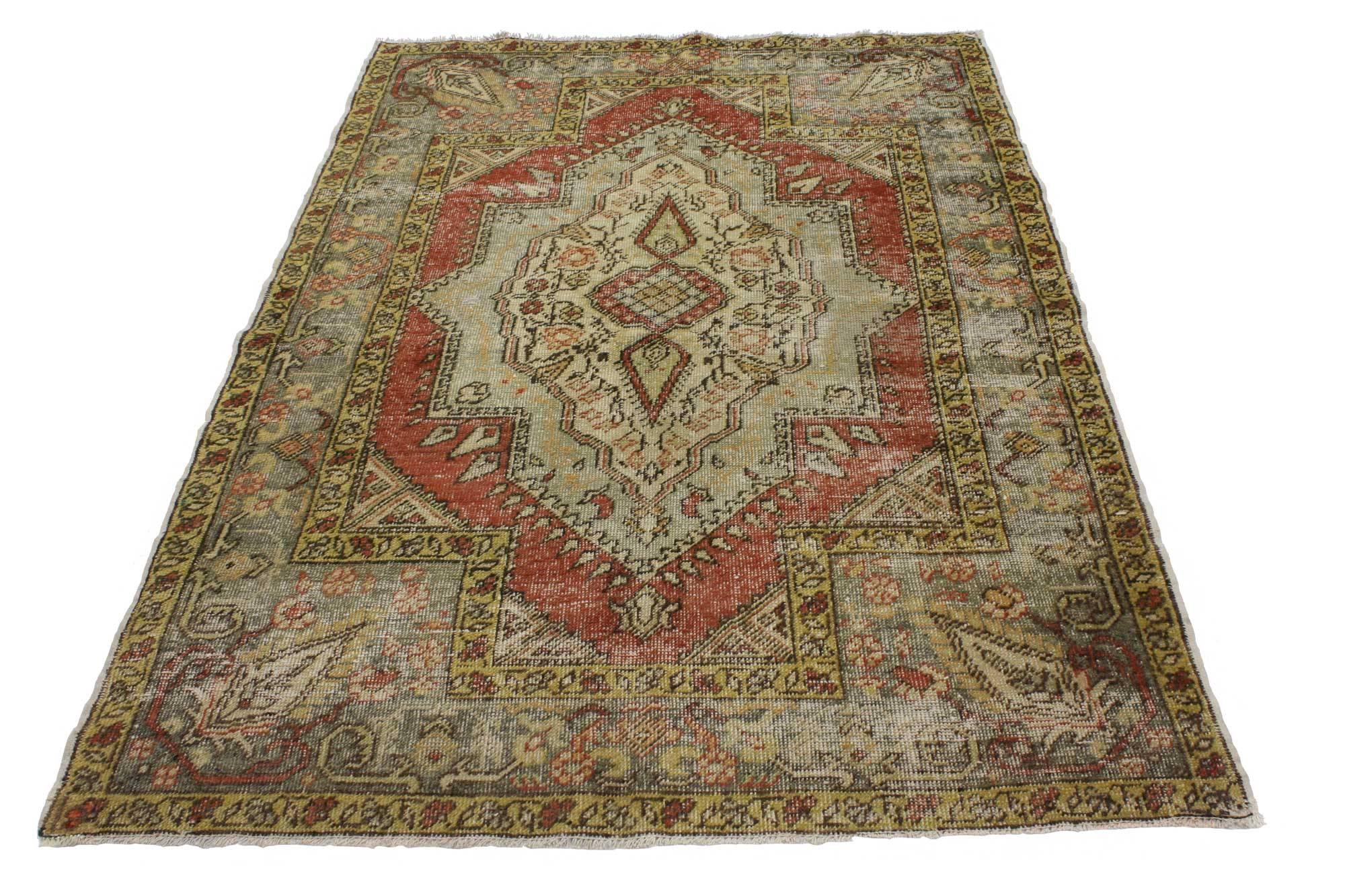 Hand-Knotted Distressed Vintage Turkish Oushak Rug with Modern Rustic Style For Sale