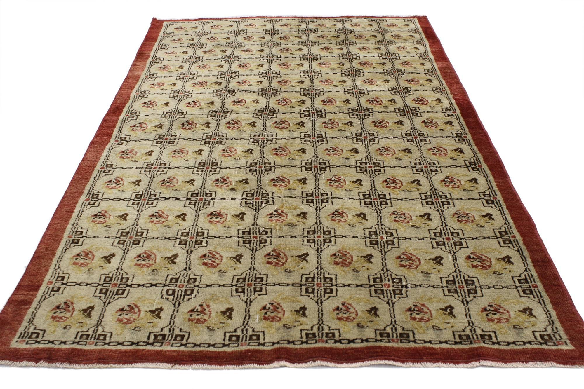 52082, vintage Turkish Oushak Accent rug, entry or foyer rug. This vintage Turkish Oushak rug features a modern traditional style and an allover compartment panel design composed of stylized roses. Immersed in Anatolian history and refined colors,