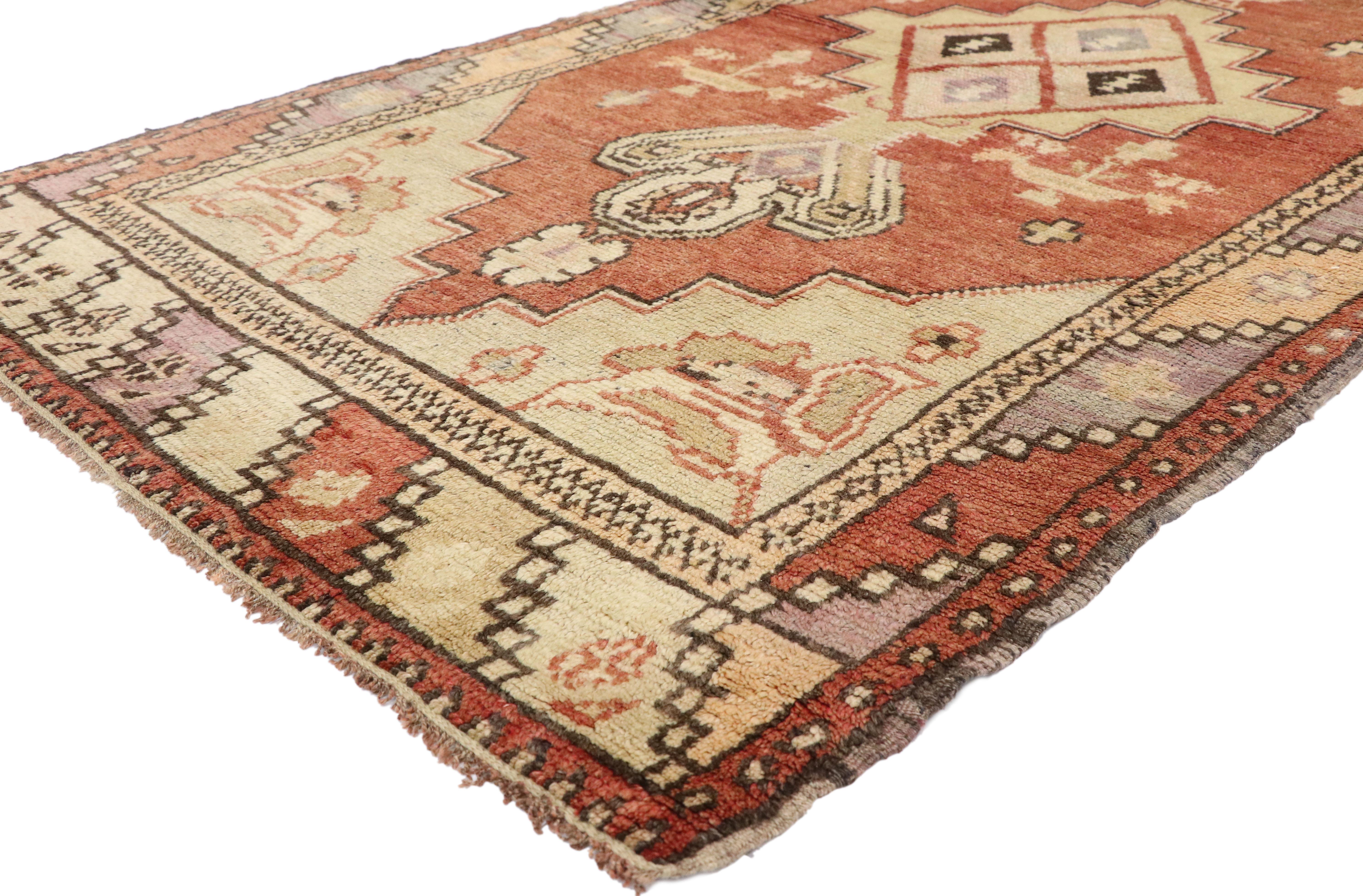 50173, vintage Turkish Oushak accent rug, entry or foyer rug 03'04 x 06'08. This hand knotted wool distressed vintage Turkish Oushak Yastik scatter rug features a central stepped medallion patterned with a geometric botanical scene dotted with