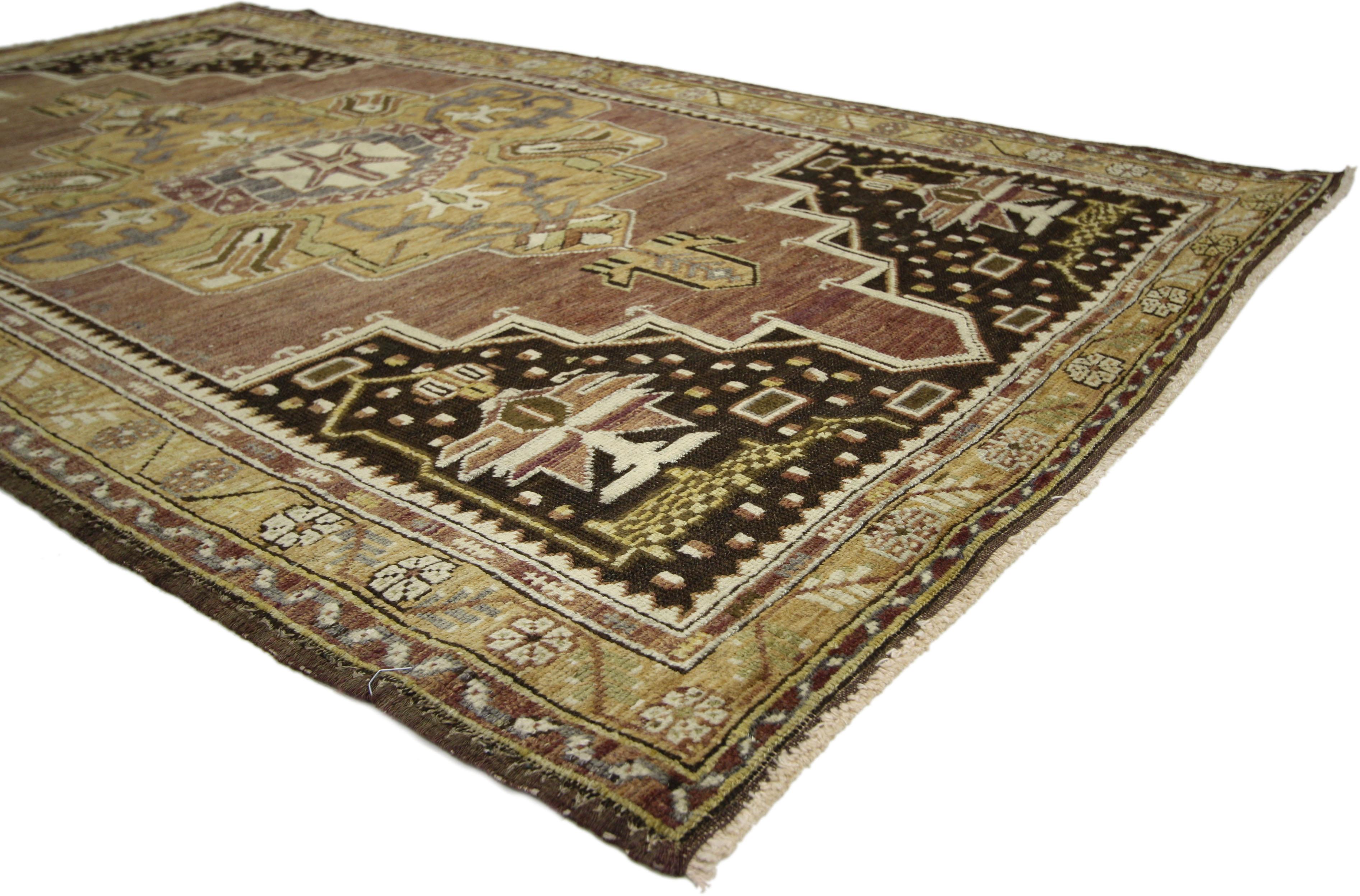 50187 Vintage Turkish Oushak Accent Rug with Mid-Century Modern Style 04'00 x 06'08. Balancing a timeless design with warm, earth-tone colors, this hand-knotted wool vintage Turkish Oushak rug beautifully embodies a Mid-Century Modern style. The