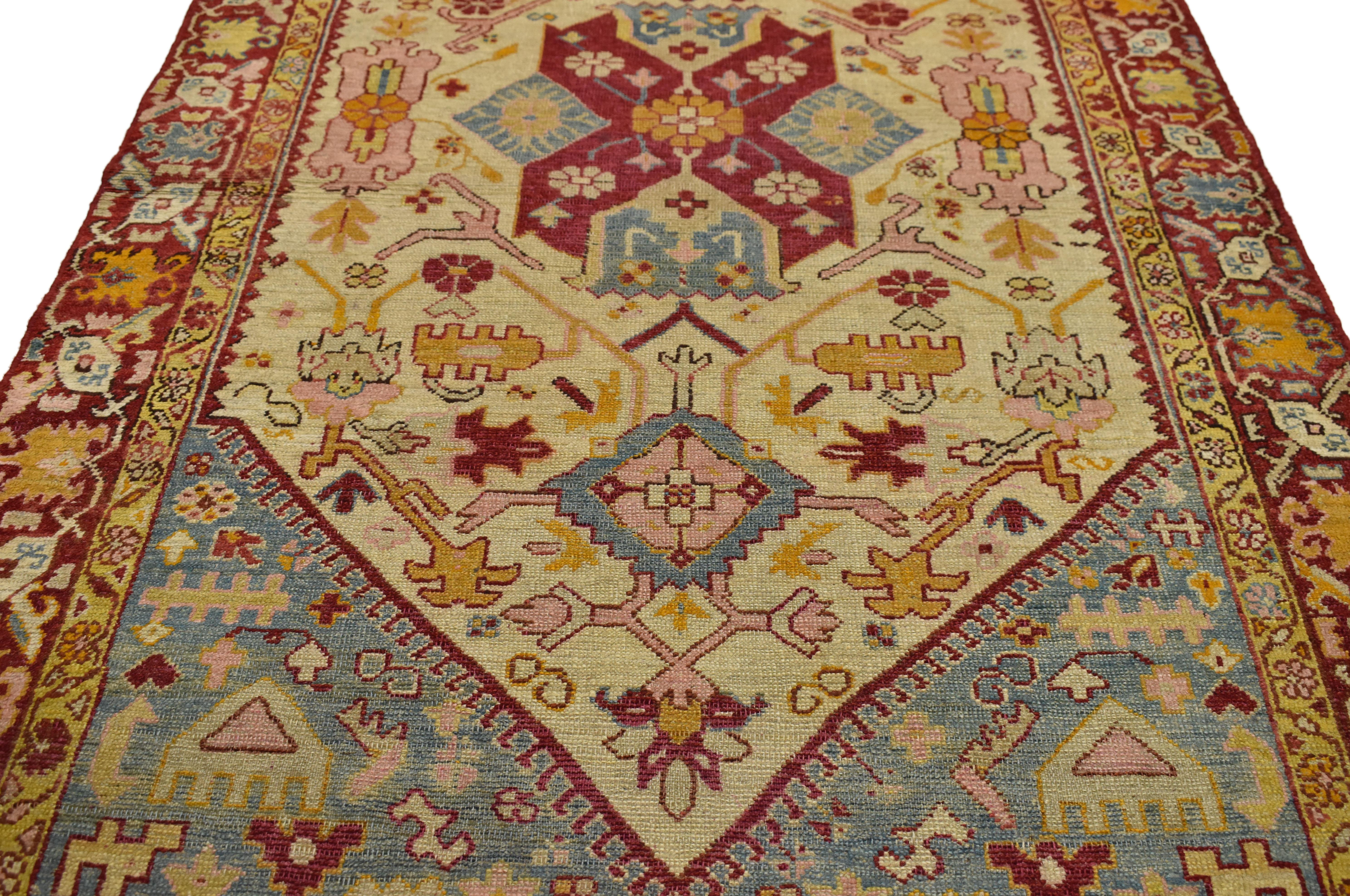73905, vintage Turkish Oushak accent rug, entry or foyer rug. This hand knotted wool vintage Turkish Oushak rug features a large floral center medallion surrounded by a variety of floral motifs and Anatolian symbols. Shapes and symbols fill the