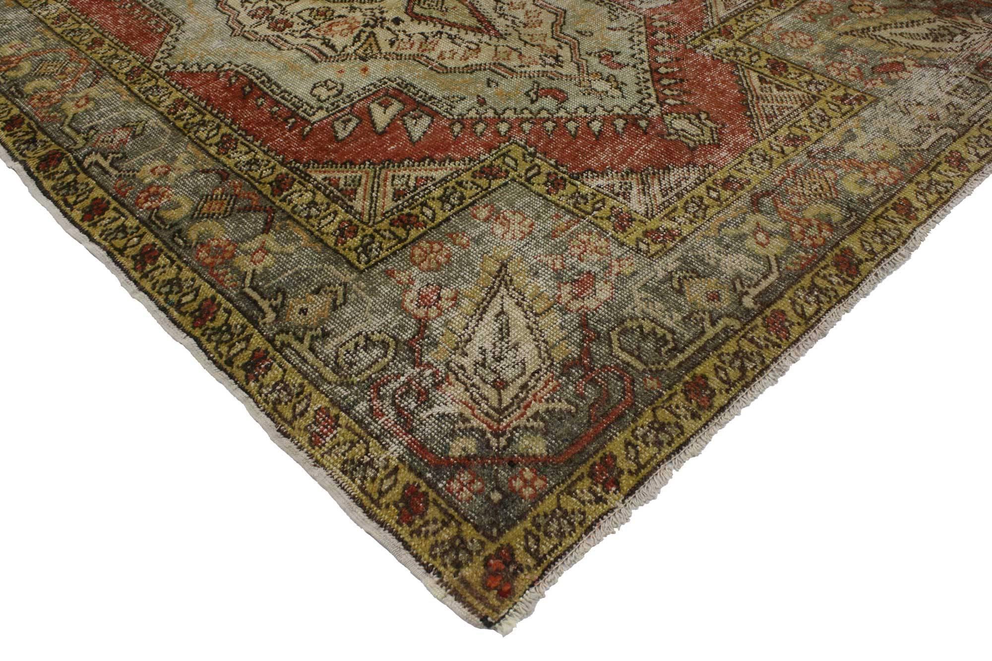 51738 Distressed Vintage Turkish Oushak Rug with Modern Rustic Style 04'02 x 06'00. With its perfectly worn-in charm and edgy elements, this hand-knotted wool distressed vintage Turkish Oushak rug will create a warm, lived-in look and take on a