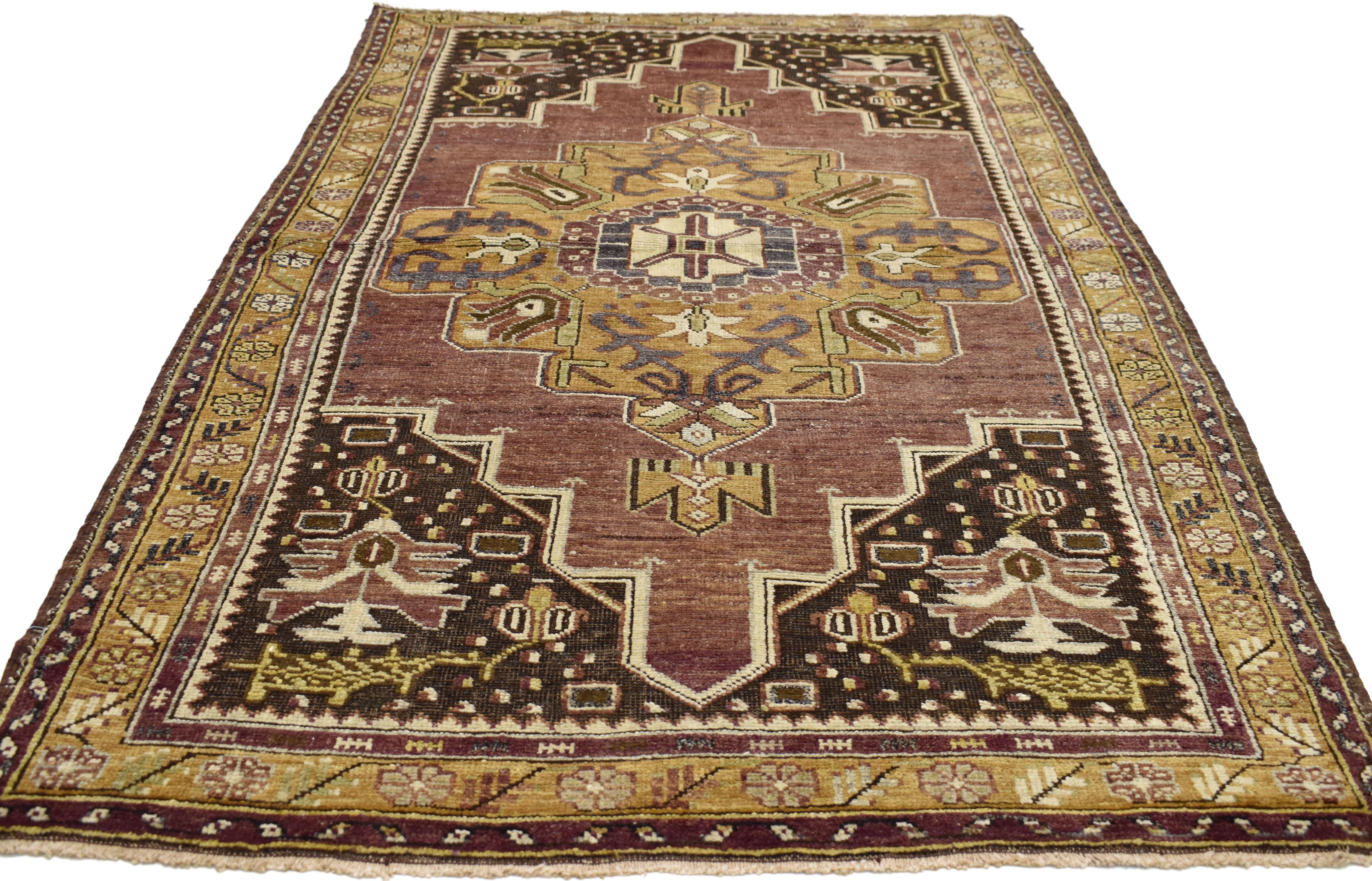 Hand-Knotted Vintage Turkish Oushak Accent Rug with Mid-Century Modern Style For Sale