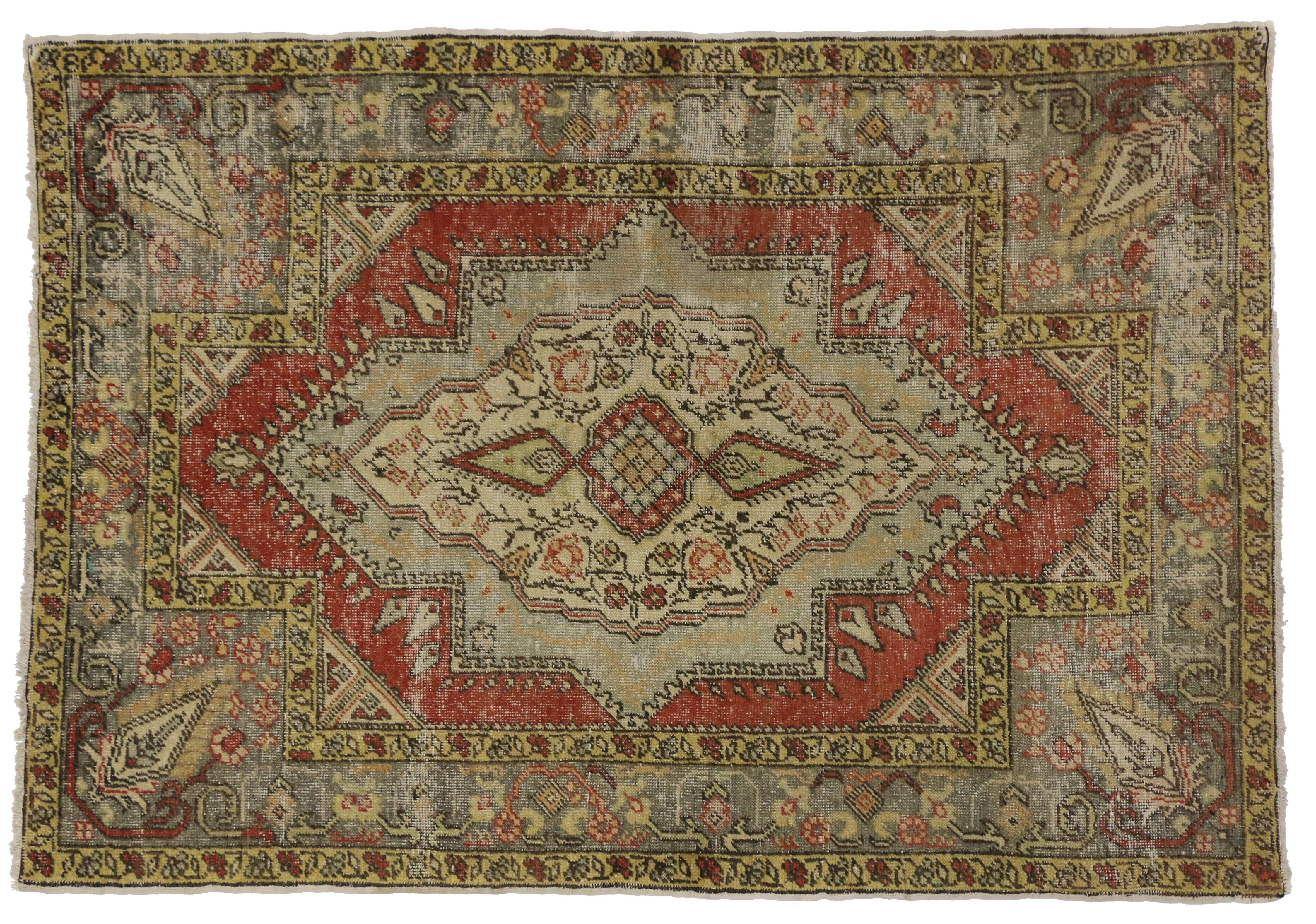 Distressed Vintage Turkish Oushak Rug with Modern Rustic Style In Distressed Condition For Sale In Dallas, TX