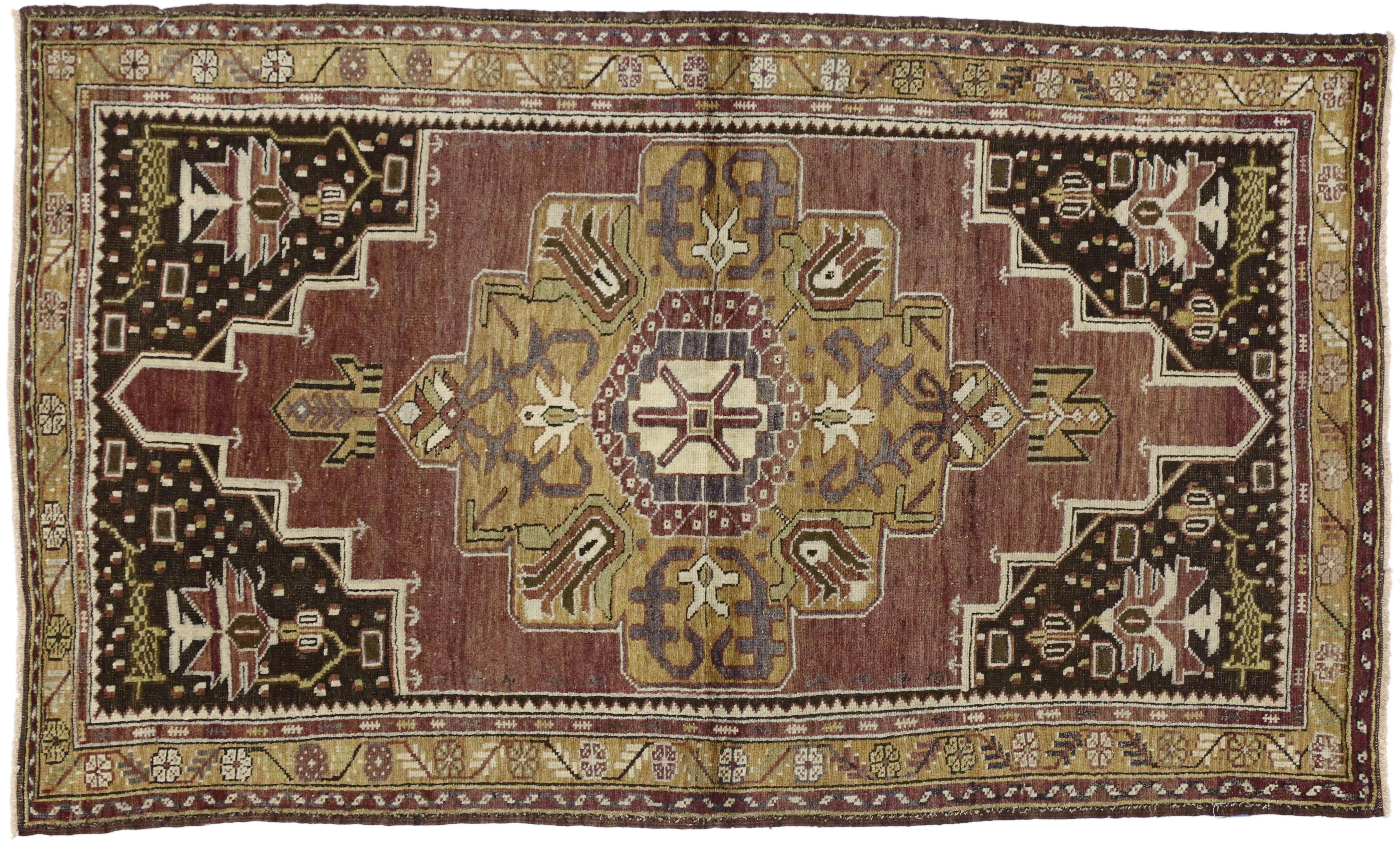 Wool Vintage Turkish Oushak Accent Rug with Mid-Century Modern Style For Sale