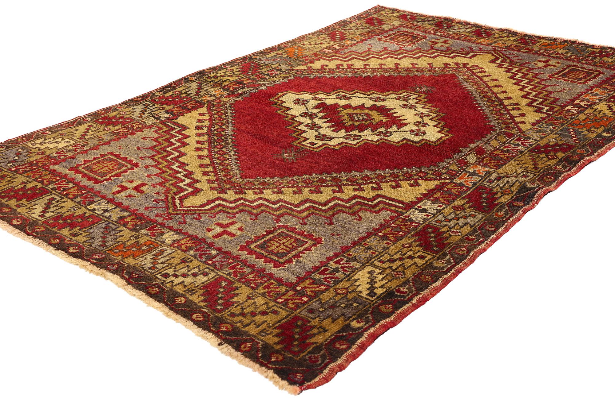 51459 Vintage Turkish Oushak Rug, 03'08 x 05'05. Originating from the Western region of Oushak in Turkey, Turkish Oushak rugs are celebrated for their intricate patterns, calming color palettes, and luxurious wool materials. With a legacy dating