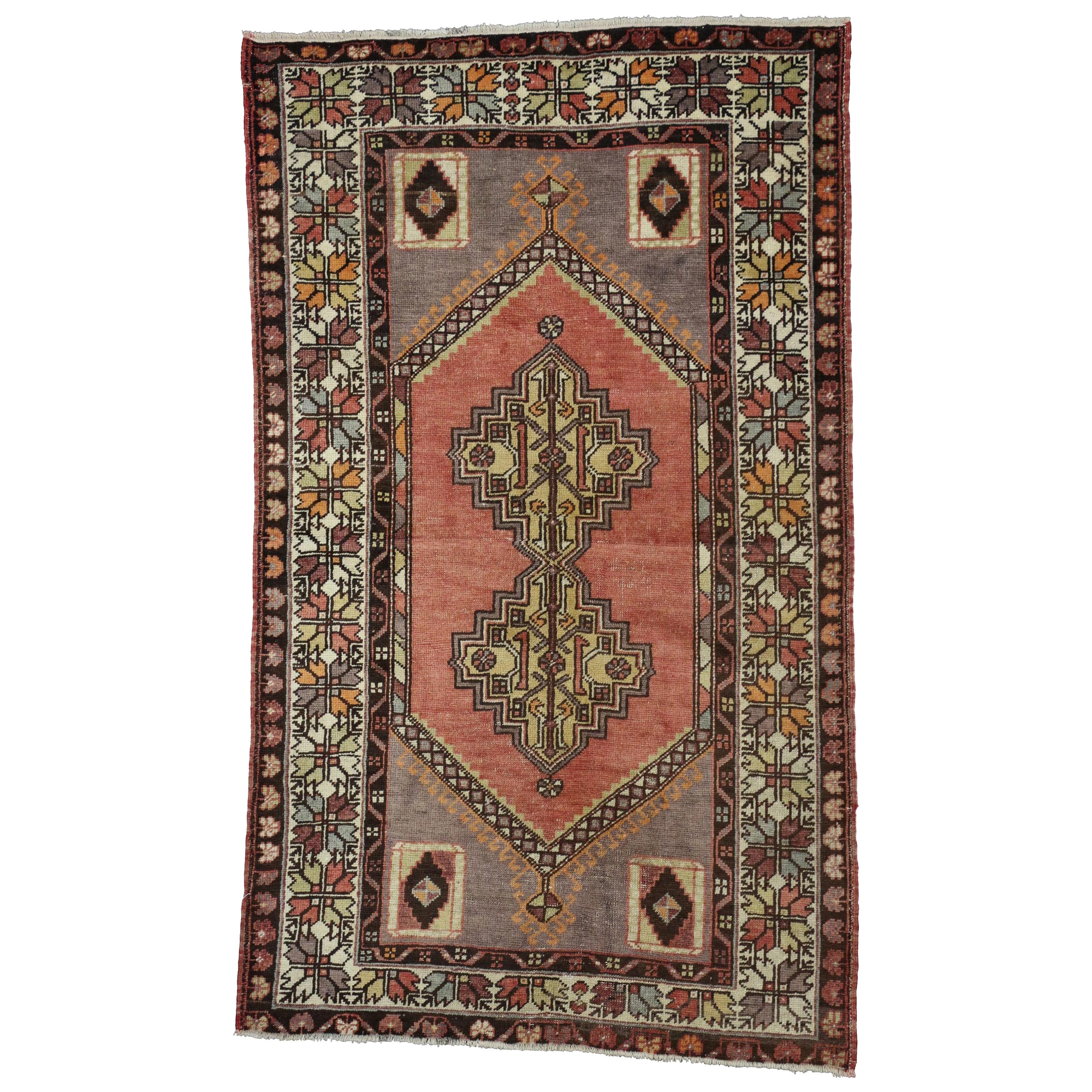 Vintage Turkish Oushak Accent Rug, Entry or Foyer Rug with Rustic
