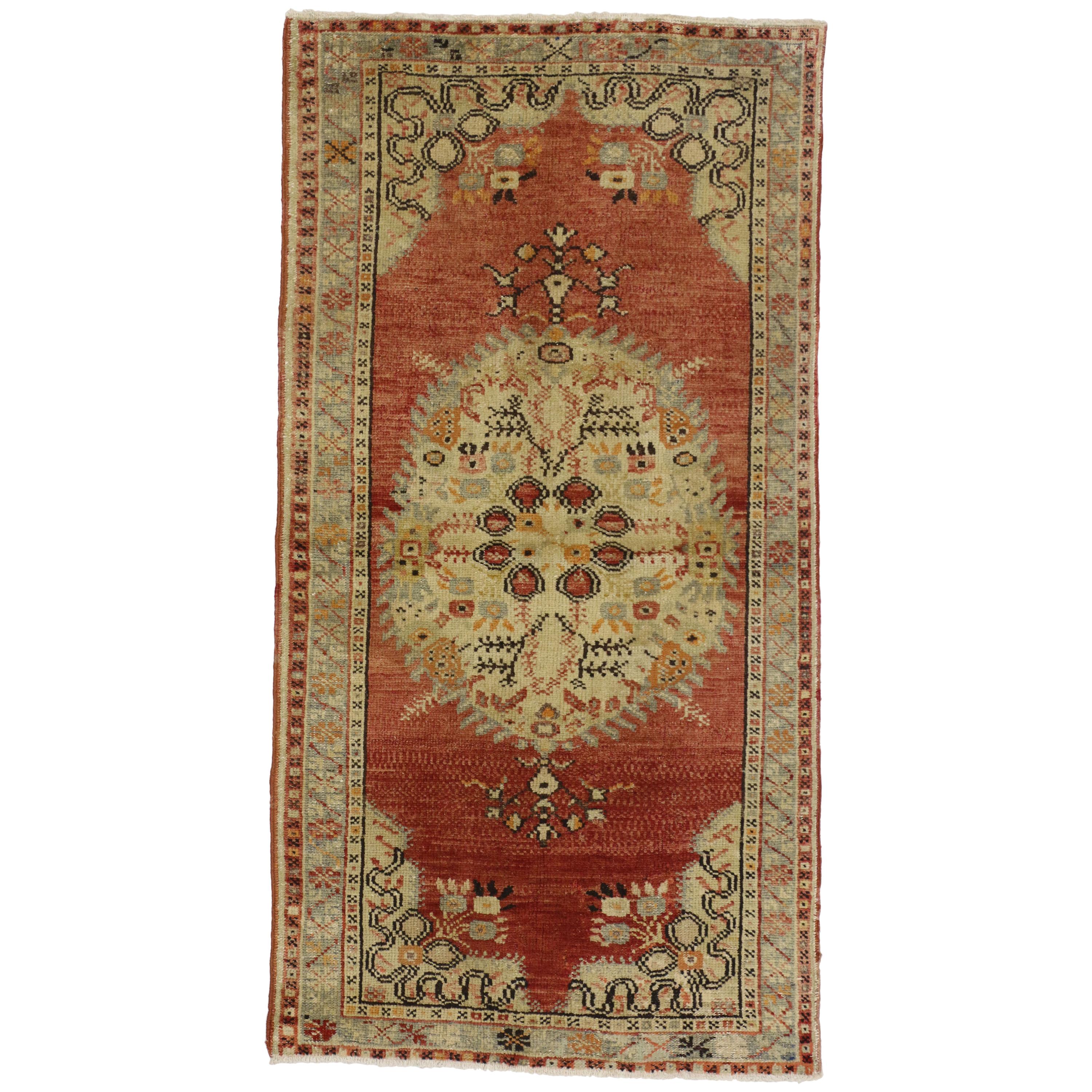Vintage Turkish Oushak Accent Rug, Entry or Foyer Rug with Rustic Bungalow Style