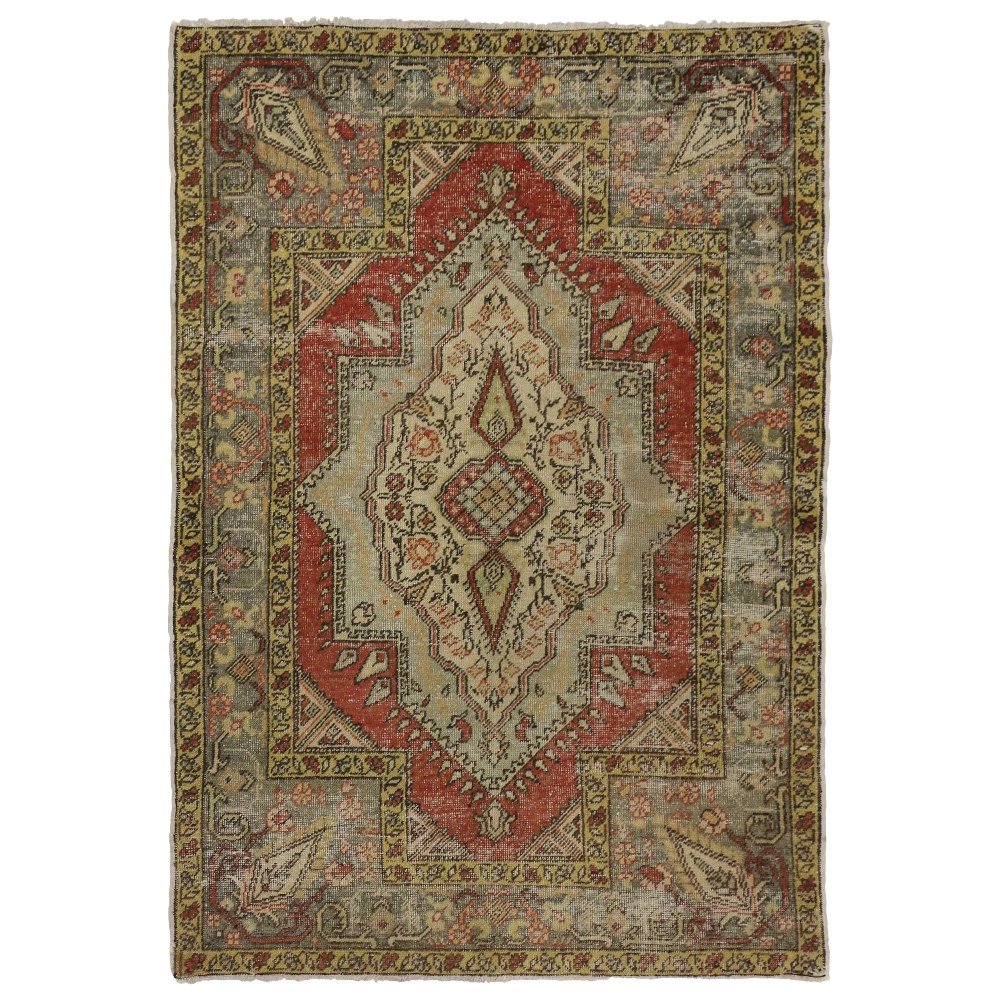 Distressed Vintage Turkish Oushak Rug with Modern Rustic Style For Sale