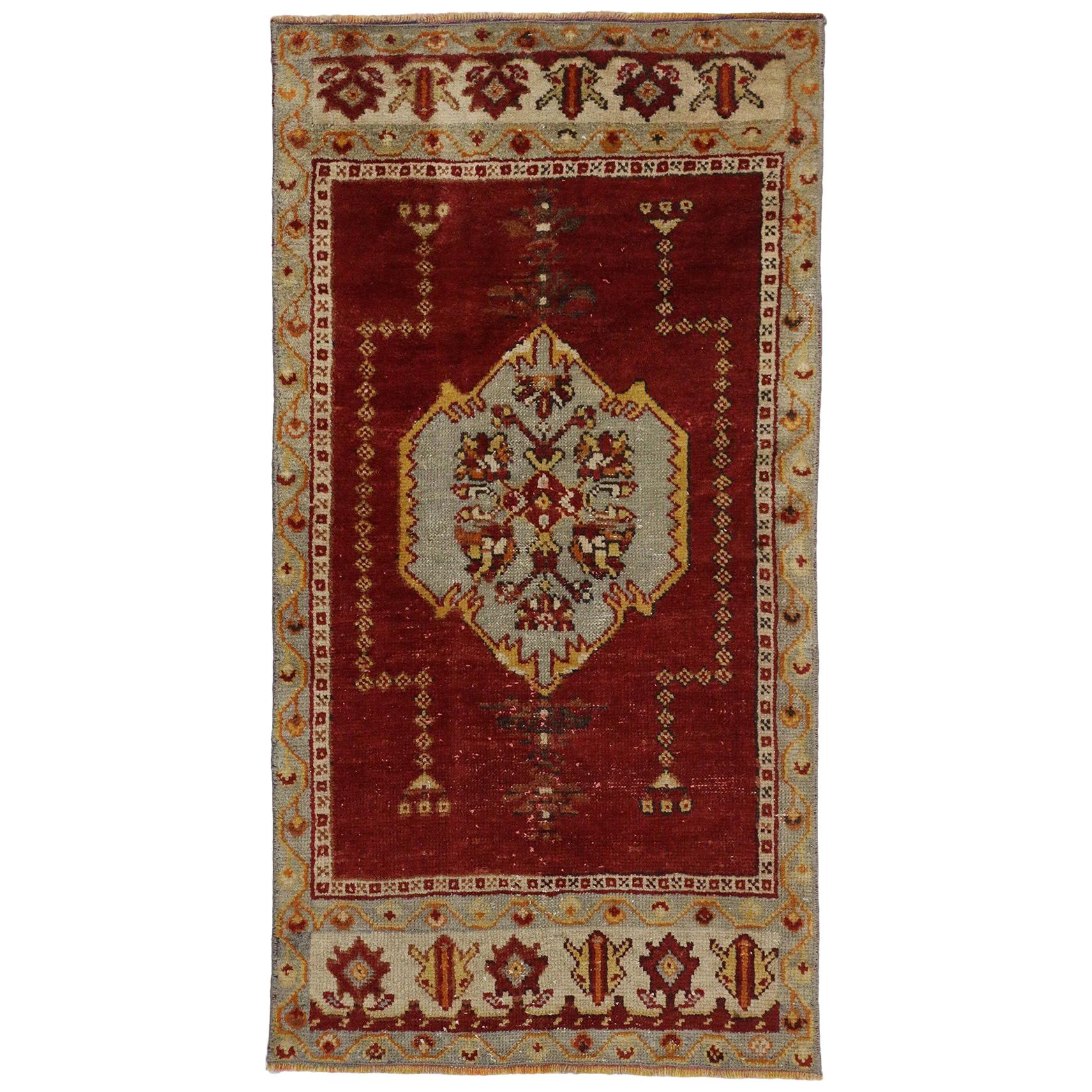 Vintage Turkish Oushak Accent Rug, Turkish Prayer Rug, Entry or Foyer