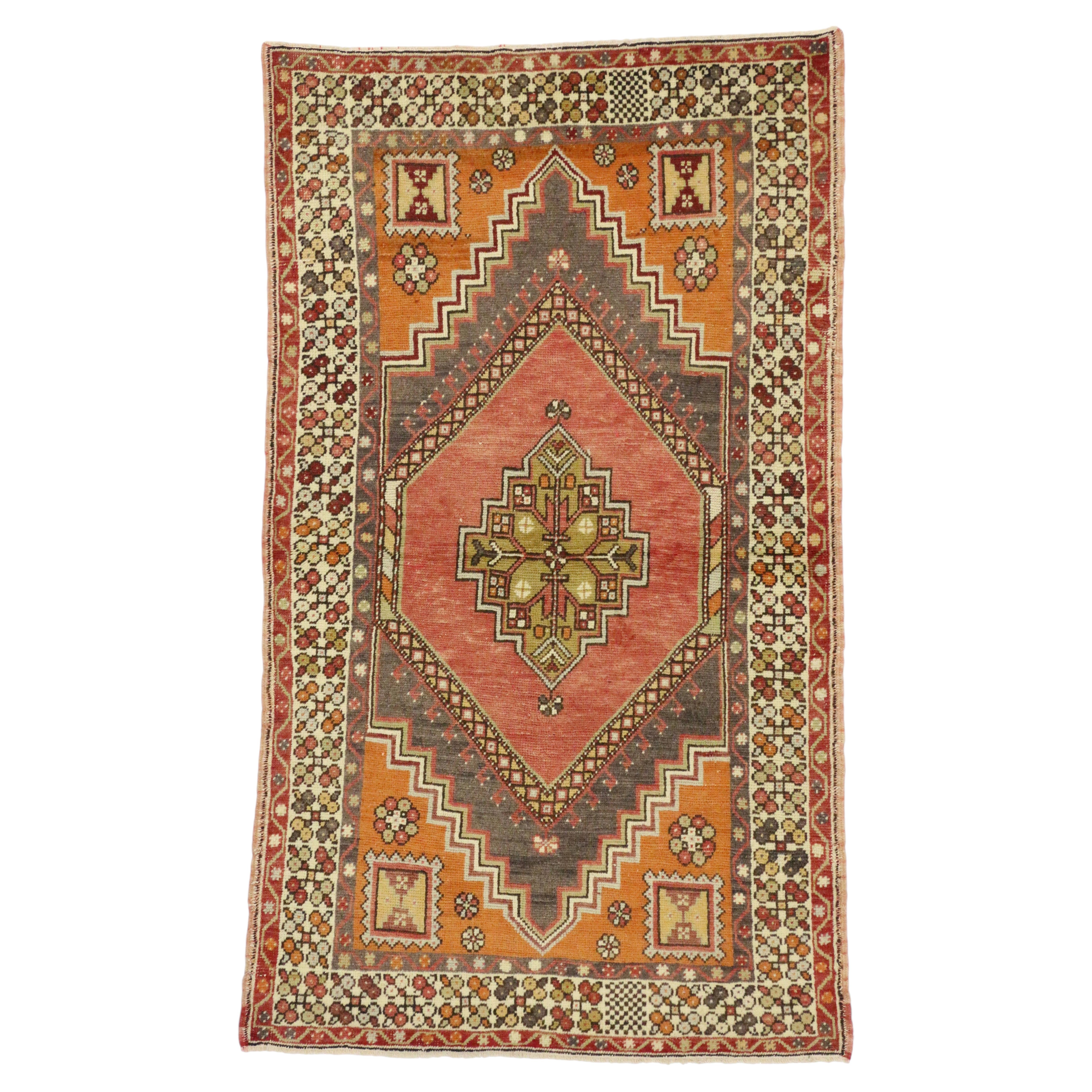 The Ember Citadel: A Vintage Turkish Oushak Masterpiece of Anatolian Grace For Sale
