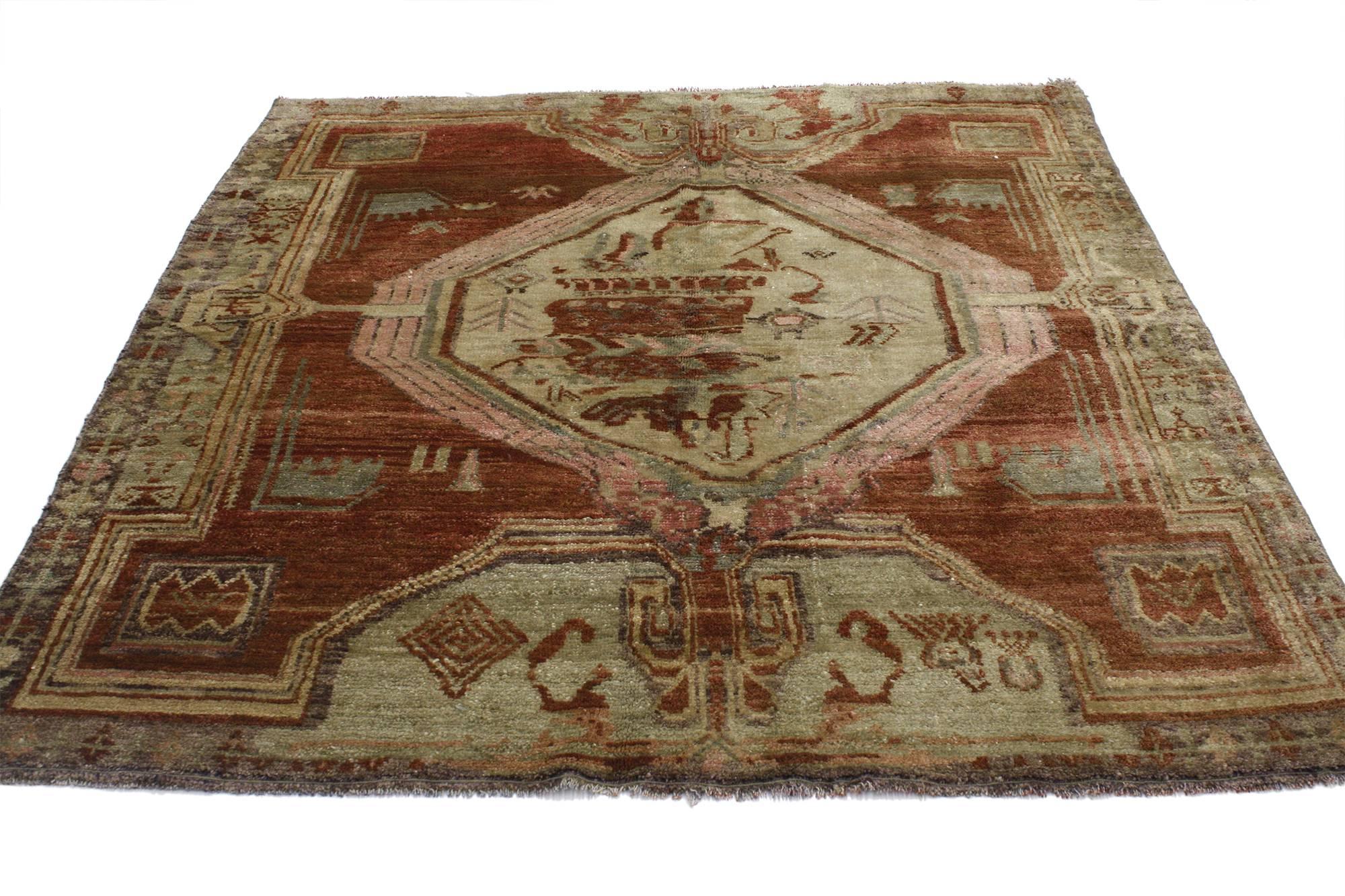 20th Century Distressed Vintage Turkish Oushak Accent Rug with Modern Rustic Style For Sale