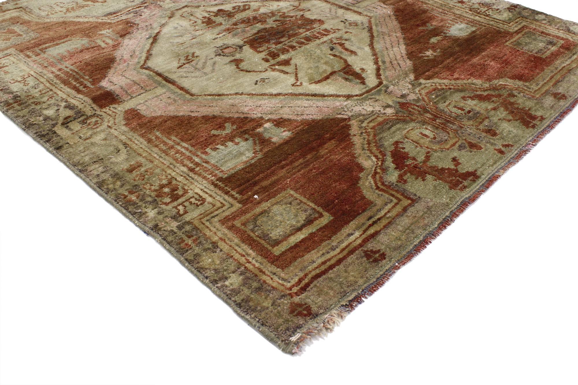 Hand-Knotted Distressed Vintage Turkish Oushak Accent Rug with Modern Rustic Style For Sale