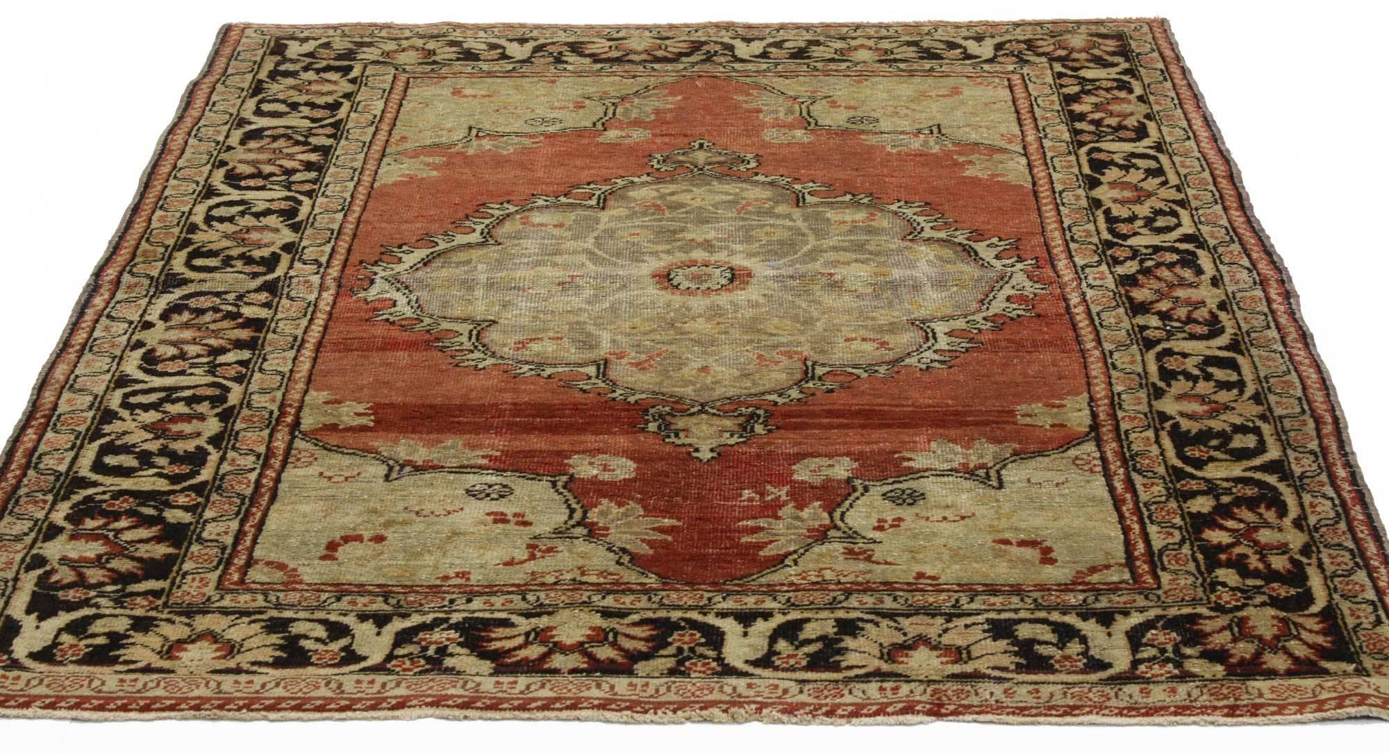 Wool Vintage Turkish Oushak Accent Rug with Rustic Bungalow Style For Sale