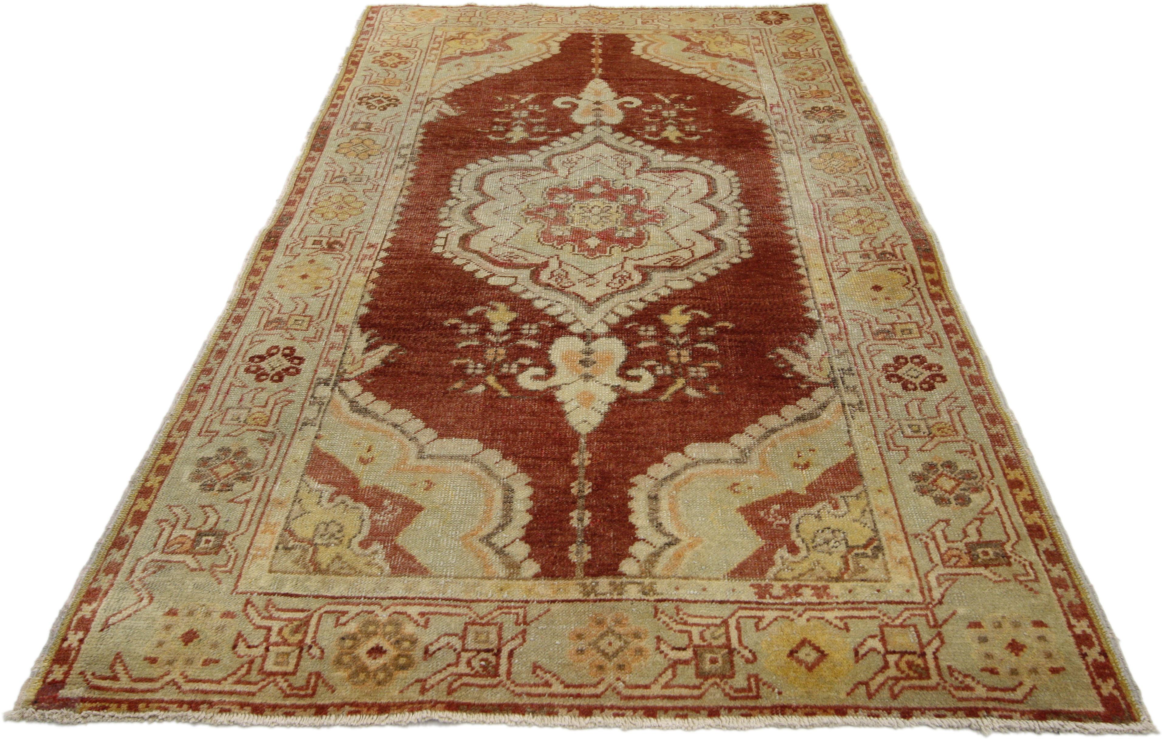 50636 Vintage Turkish Oushak Accent Rug with Modern Rustic Spanish Colonial Style 03'03 x 05'09. Warm and inviting, this hand-knotted vintage Turkish Oushak rug beautifully embodies a modern rustic style. It features a central medallion centered