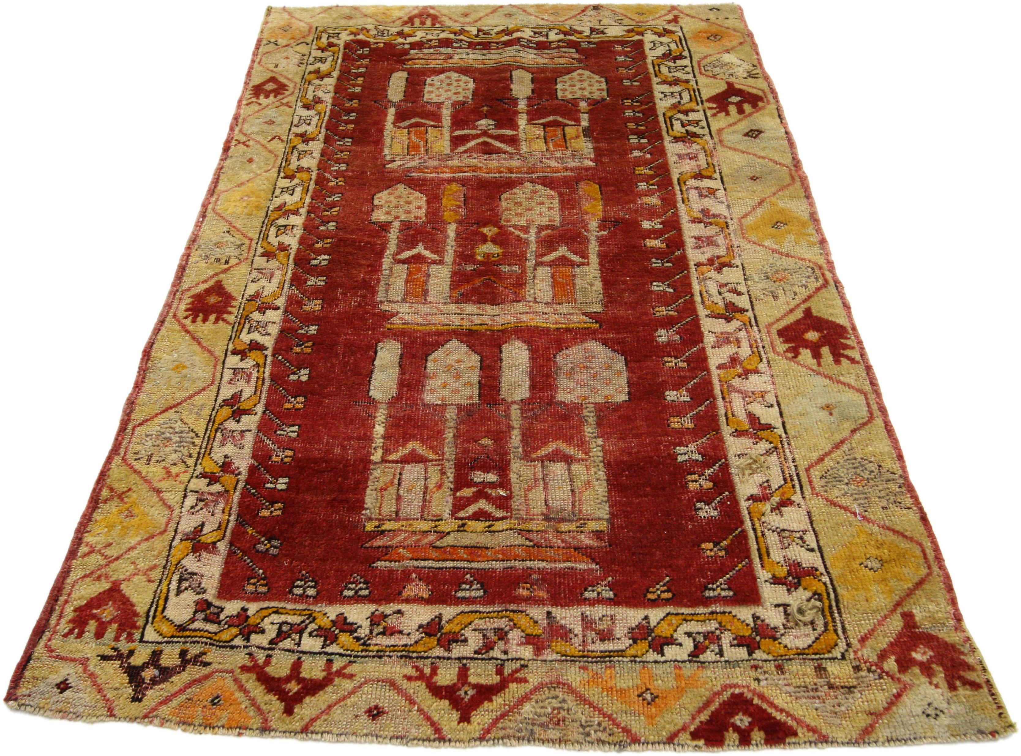52295 Distressed Vintage Anatolian Kirsehir Prayer Rug with Graveyard Marker Design 02'08 x 04'08 From Esmaili Rugs Collection. This vintage Turkish Oushak rug features a modern traditional style and considered a Turkish Prayer rug. Immersed in