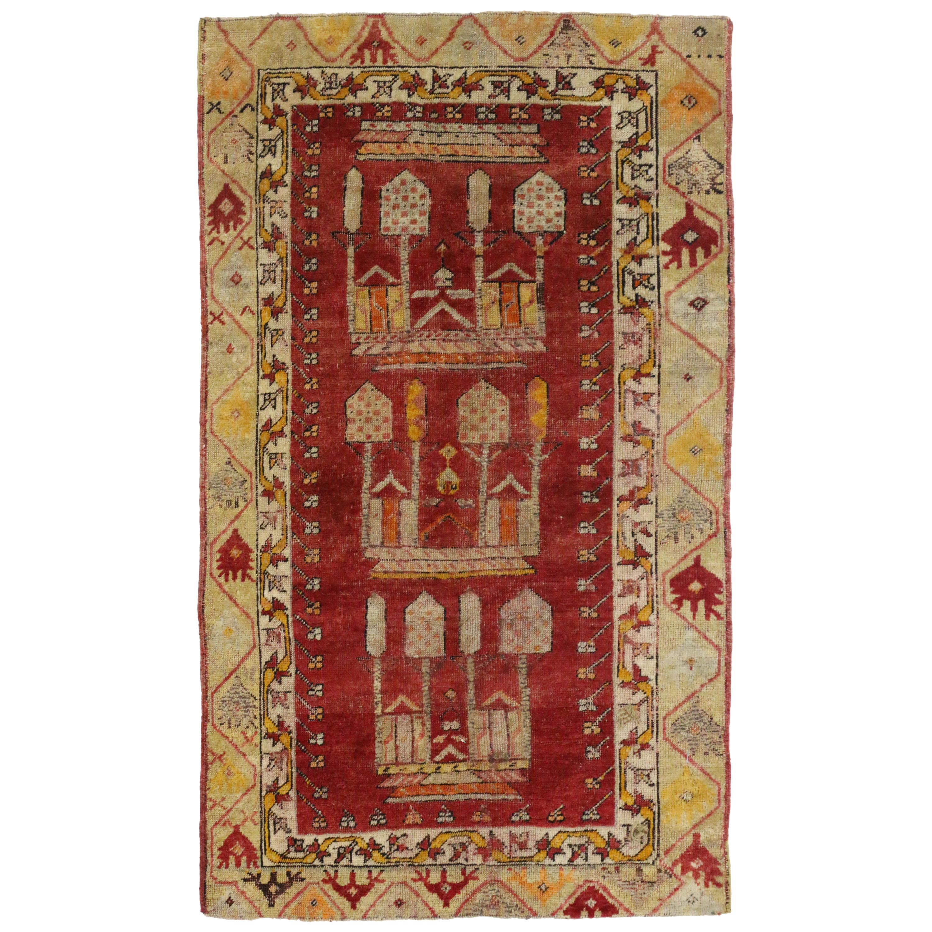 Distressed Vintage Anatolian Kirsehir Prayer Rug with Graveyard Marker Design For Sale