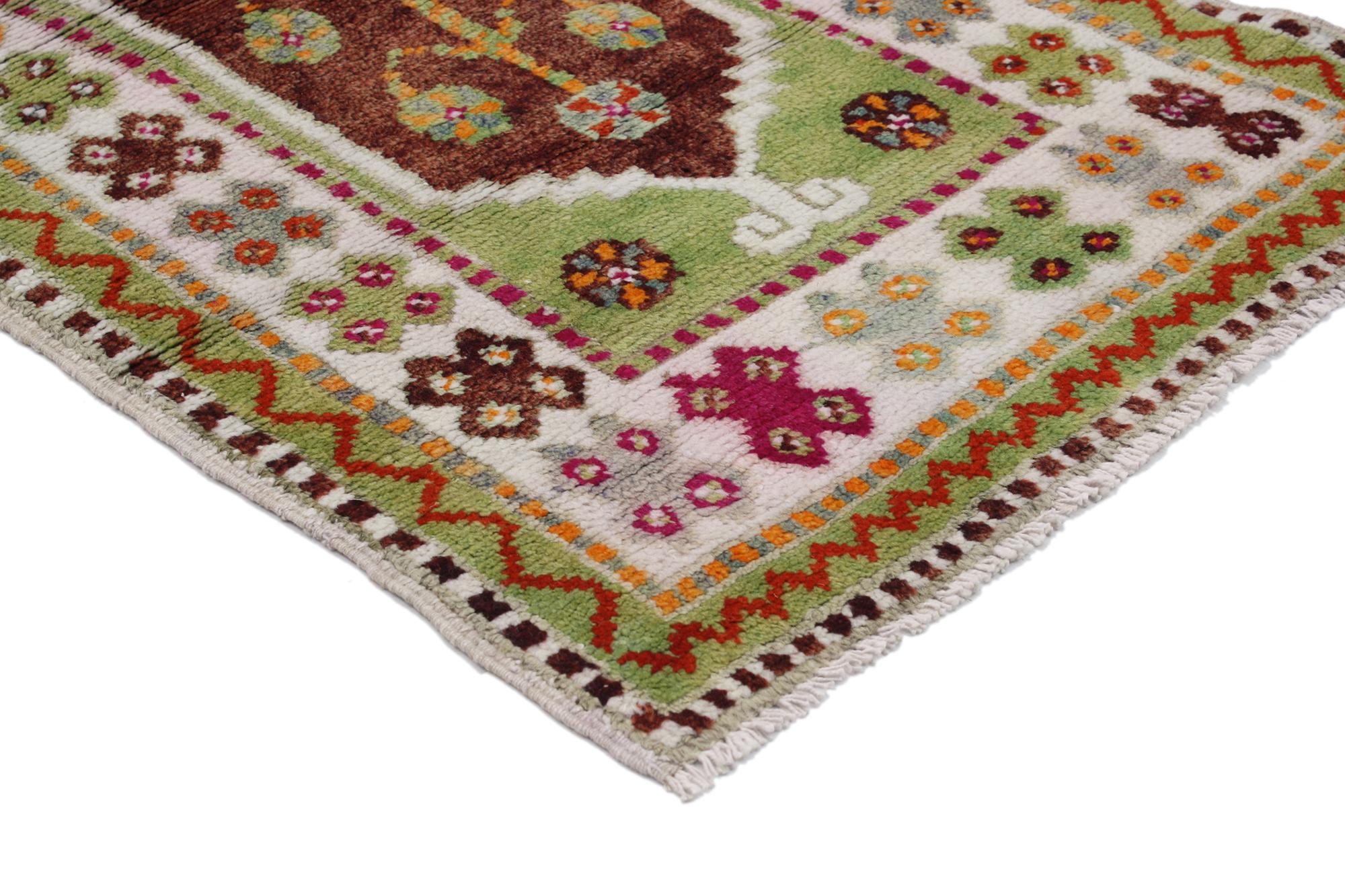 51771, Vintage Turkish Oushak Accent Rug with Color Pop, Anatolian Yuntdag Rug for Foyer, Kitchen, Bathroom or Entry Rug, 02'02 x 04'03. Providing elements of wanderlust and functional versatility, this boho chic vintage Turkish Oushak Yuntdag rug