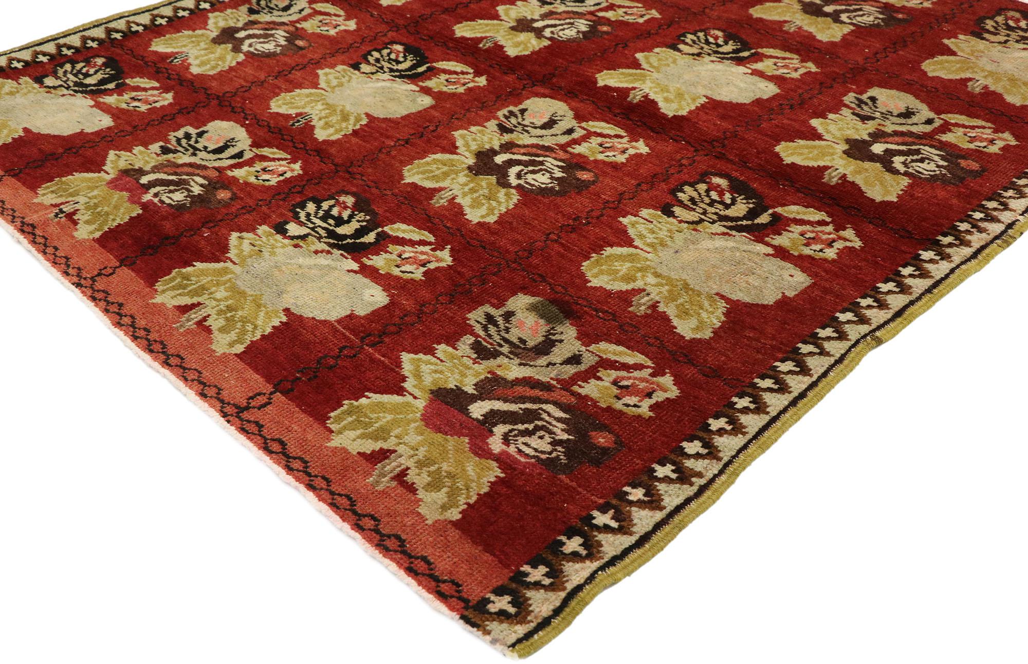 51569 Vintage Red Turkish Oushak Rug, 03’05 x 03’11. Step into a world where every step is a dance amidst a garden of exquisite blooms, where the air is filled with the heady scent of cabbage roses and the warmth of deep ruby hues envelops you like