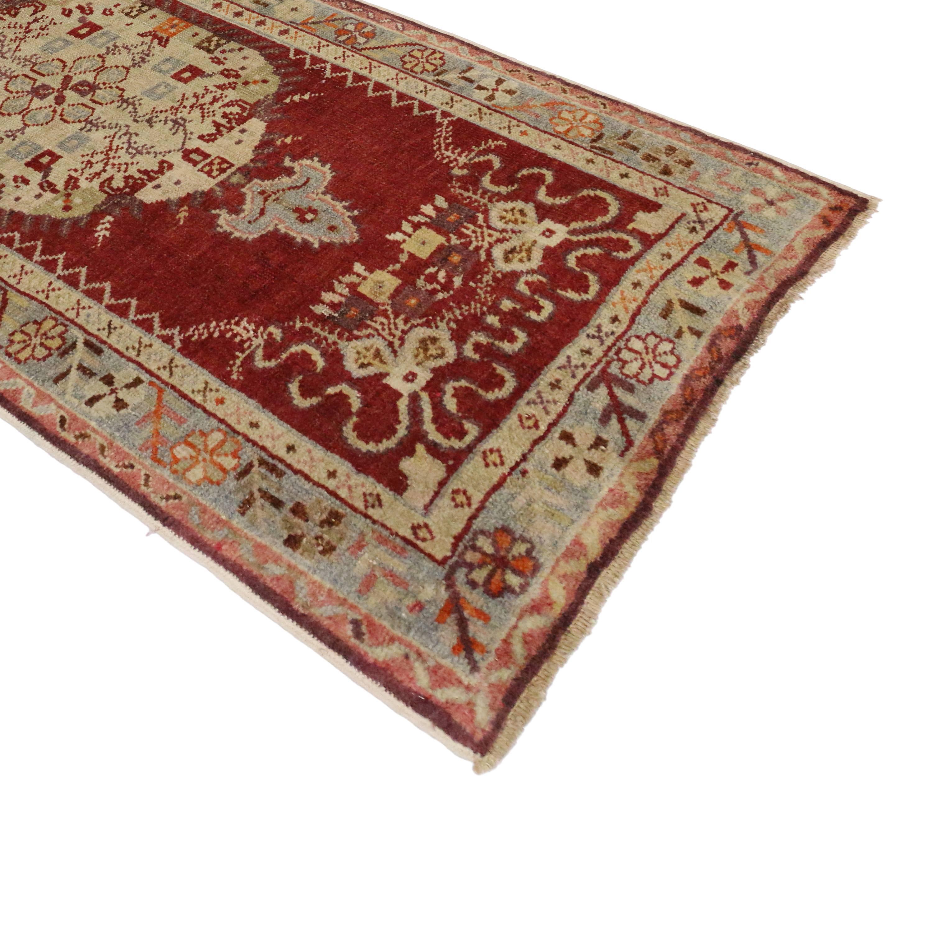 Hand-Knotted Vintage Turkish Oushak Accent Rug with Jacobean Style For Sale