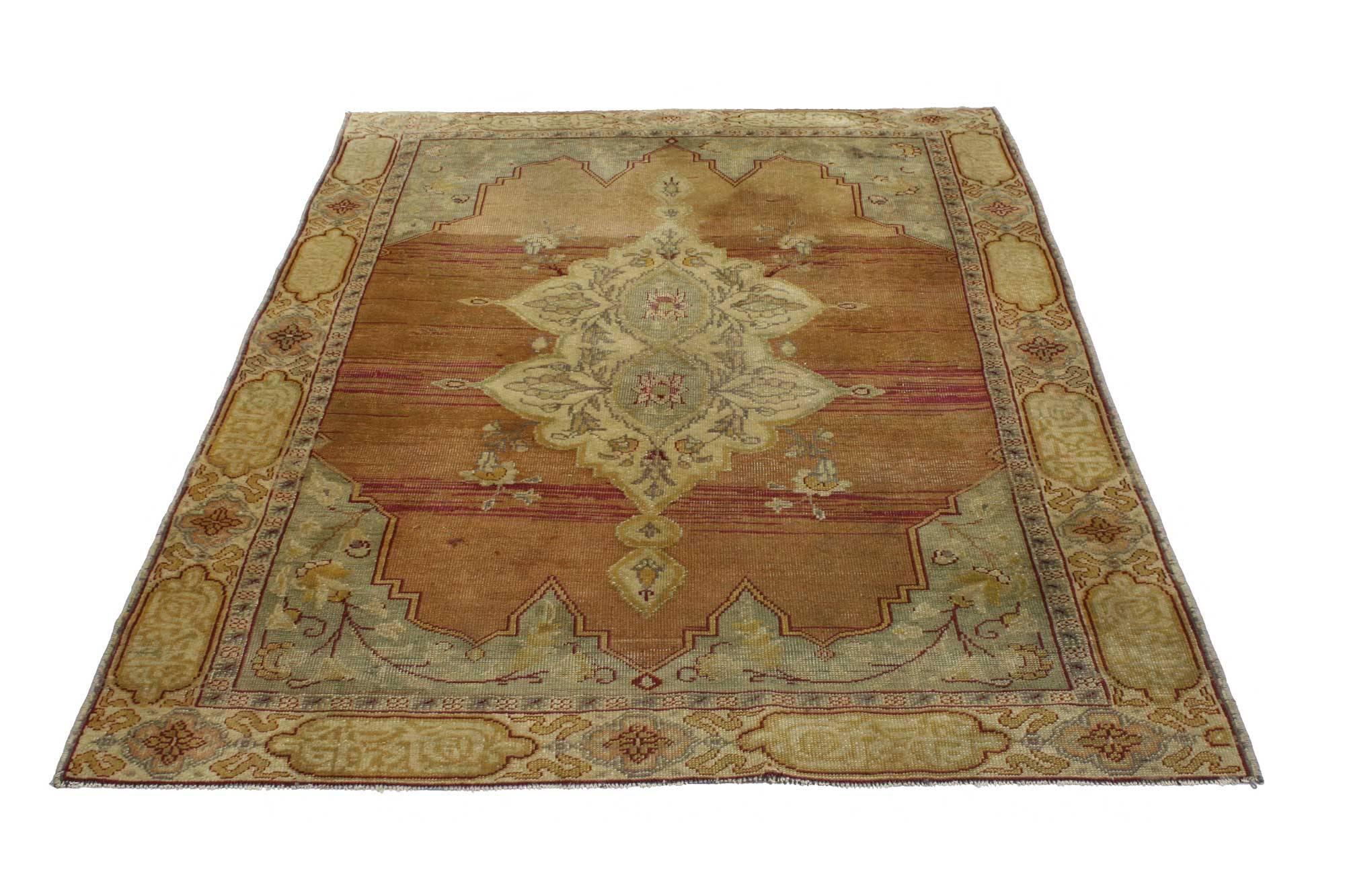 Hand-Knotted Vintage Turkish Oushak Accent Rug with Floral Medallion Motif For Sale