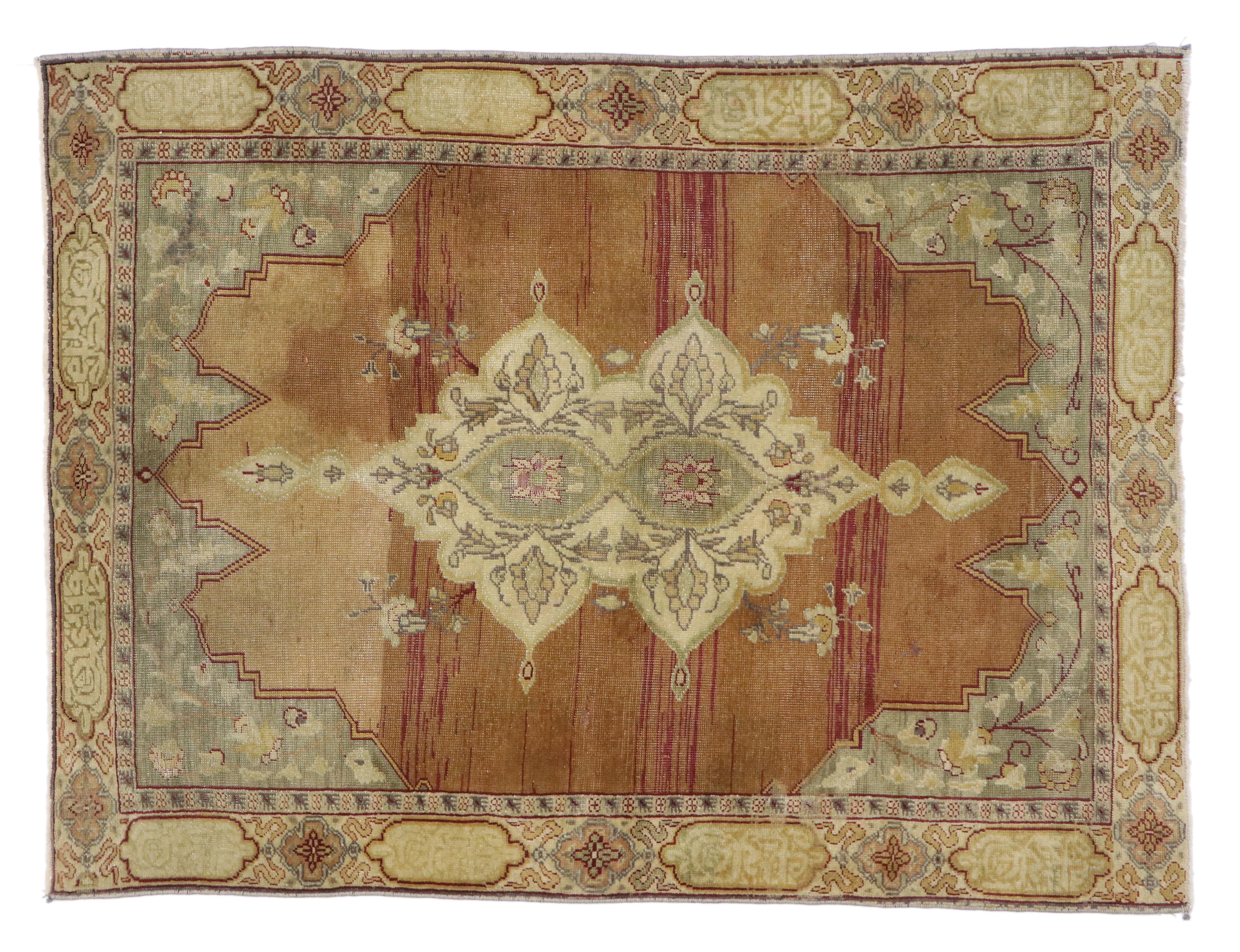 20th Century Vintage Turkish Oushak Accent Rug with Floral Medallion Motif For Sale