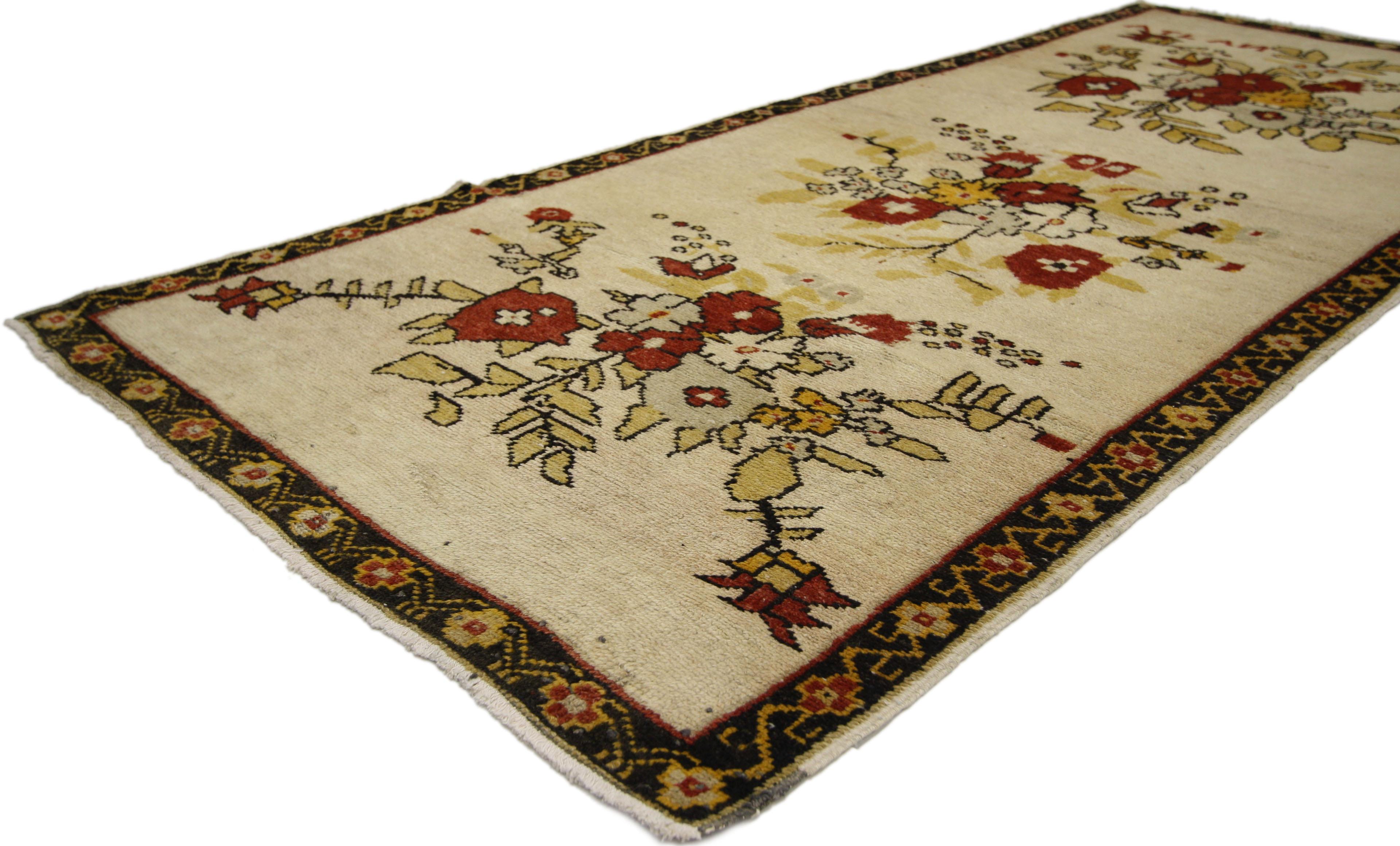 50175 Vintage Turkish Oushak Accent Rug with English Country Style, Small Hallway Runner This hand-knotted wool vintage Oushak accent rug features three large-scale stylized flower bouquets rendered in variegated shades of red, saffron, light gray