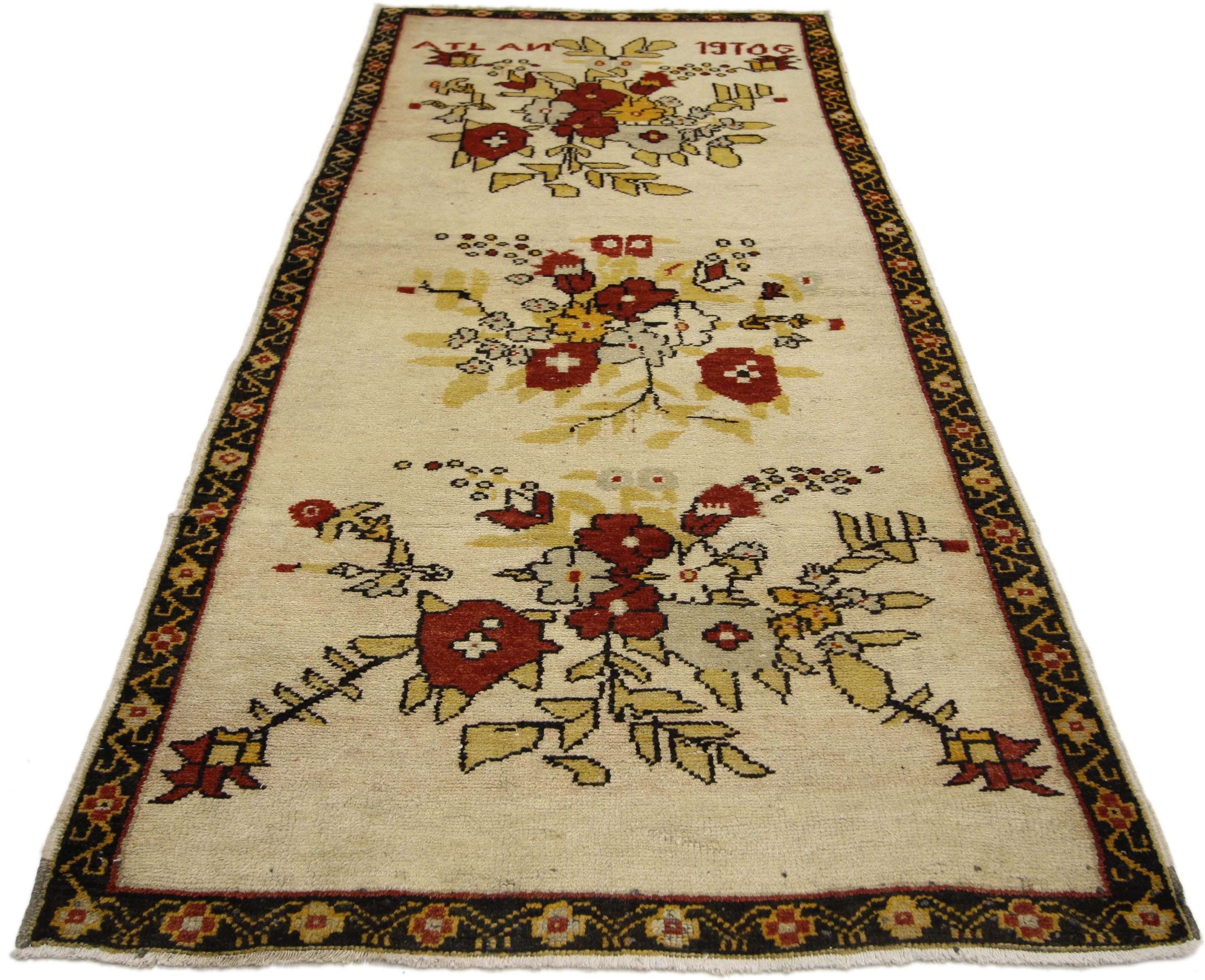 Hand-Knotted Vintage Turkish Oushak Accent Rug with English Country Style For Sale