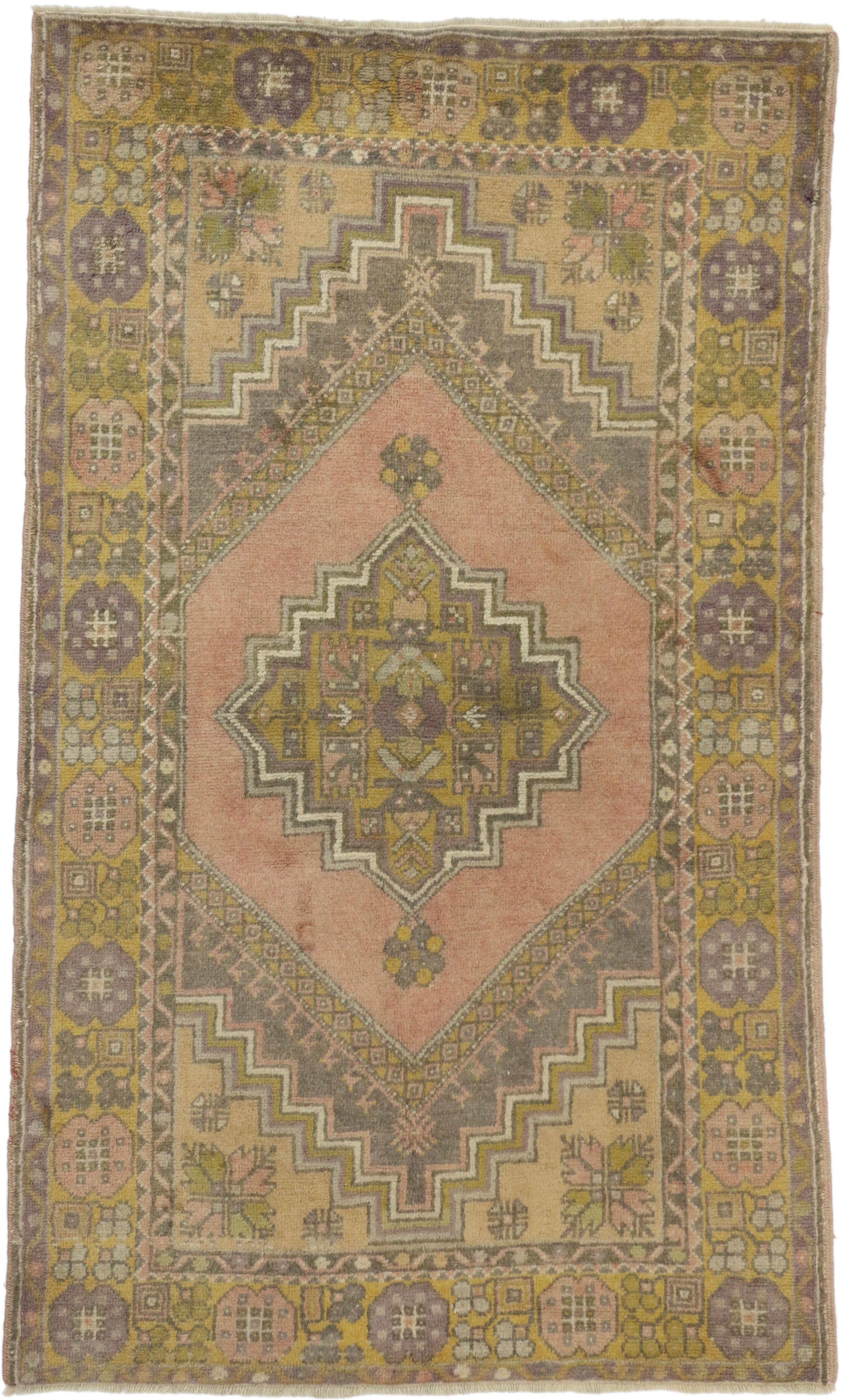 50192 Vintage Turkish Oushak Accent Rug with French Provincial Style, Small Turkish Accent Rug 03'06 X 05'10. Balancing French Provincial style and soft pastel colors, this hand knotted wool vintage Turkish Oushak rug imparts a sense of warmth and