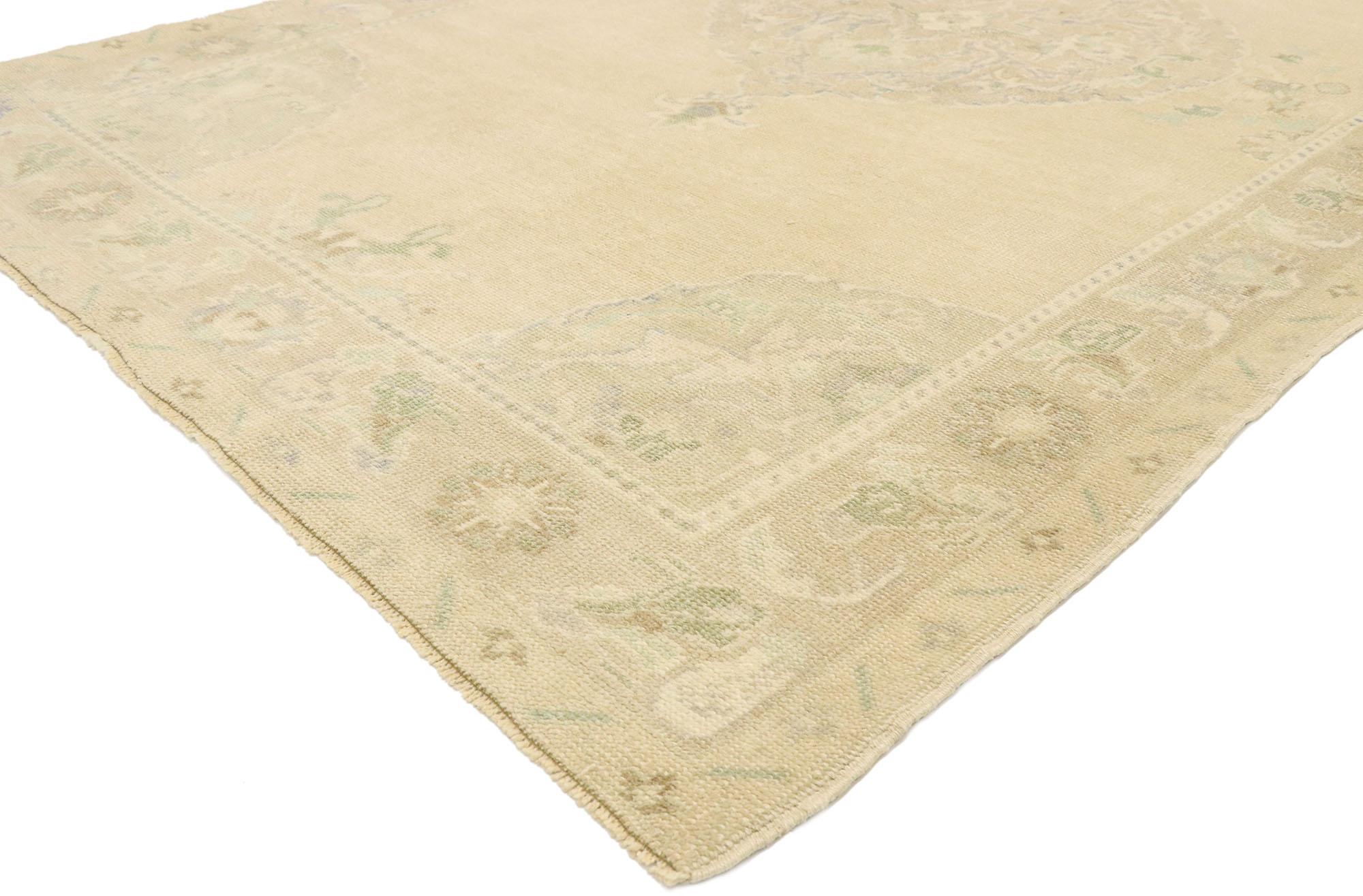 52961, vintage Turkish Oushak accent rug with French Renaissance Chateau style 04'09 x 07'05. Quiet luxurious beauty and soft, bespoke vibes meet rustic sensibility with a French Country chateau style in this hand knotted wool vintage Turkish Oushak