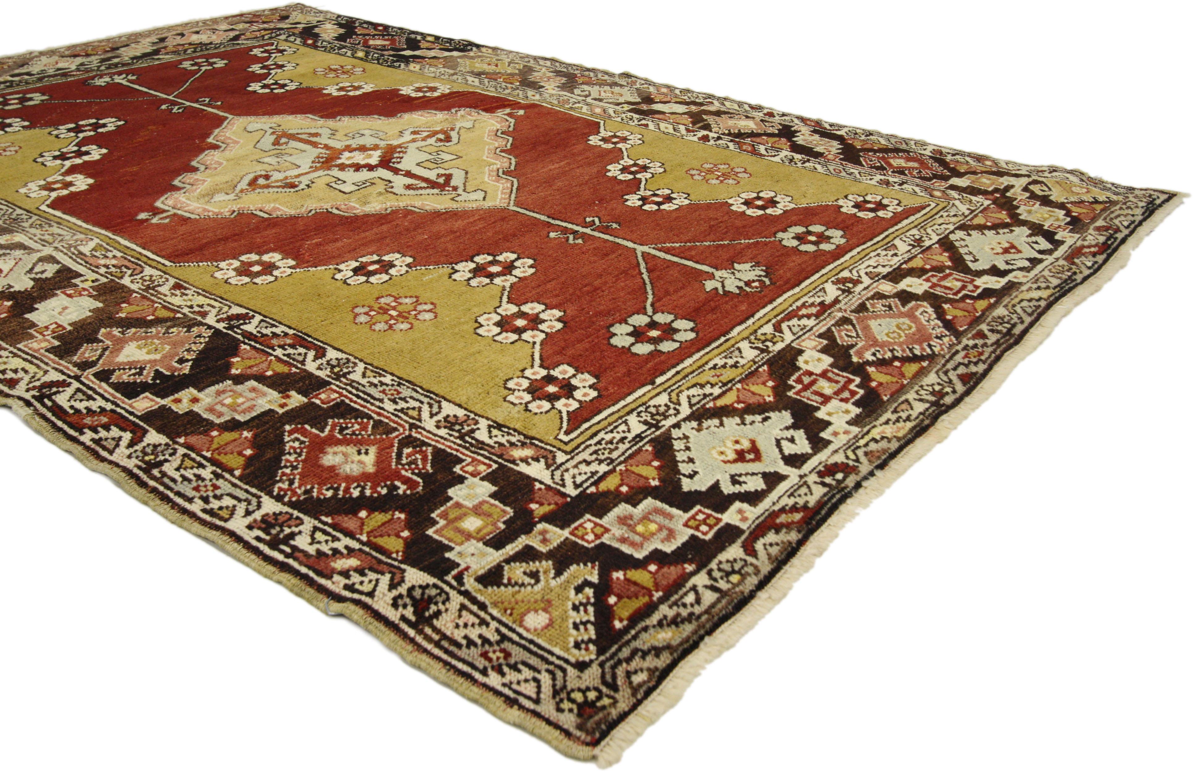73835 Vintage Turkish Oushak accent rug with Jacobean style, entry or Foyer rug. This hand knotted wool vintage Turkish Oushak rug appears like a sumptuous Italian cut velvet, recalling the rich and luxurious design furnishings of a bygone era such