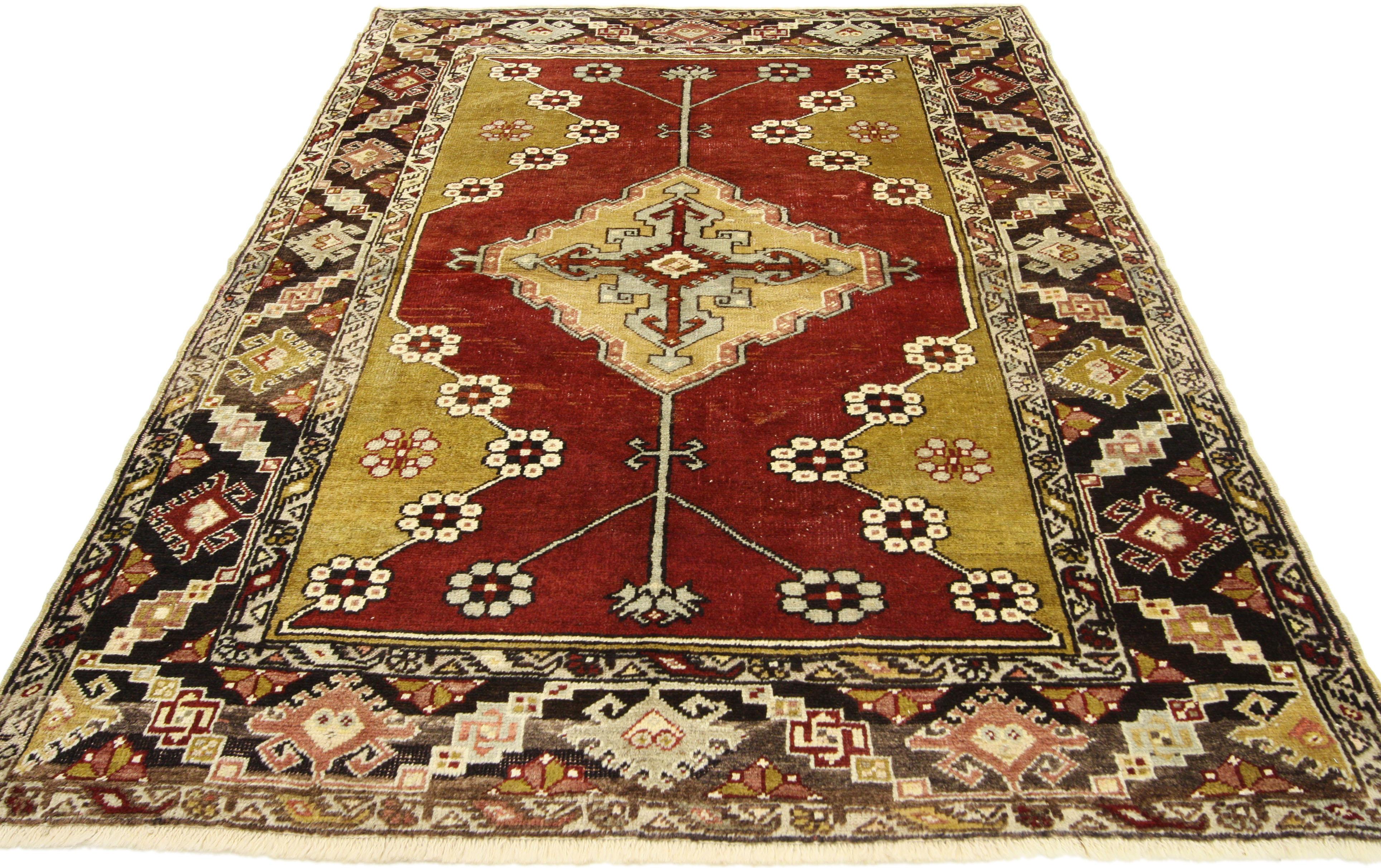 Hand-Knotted Vintage Turkish Oushak Accent Rug with Jacobean Style, Entry or Foyer Rug For Sale