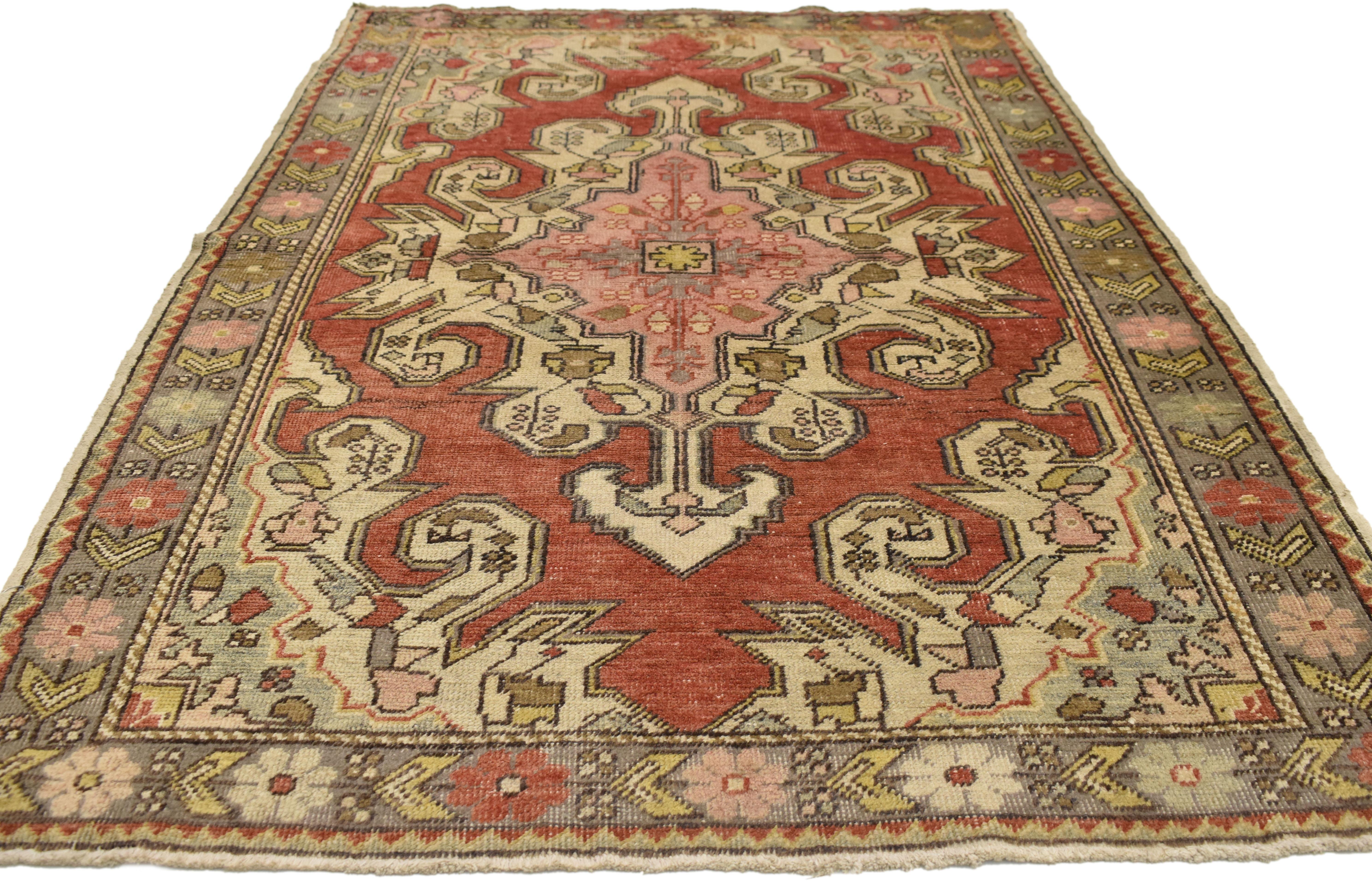 Vintage Turkish Oushak Accent Rug with Modern Industrial Style In Good Condition For Sale In Dallas, TX