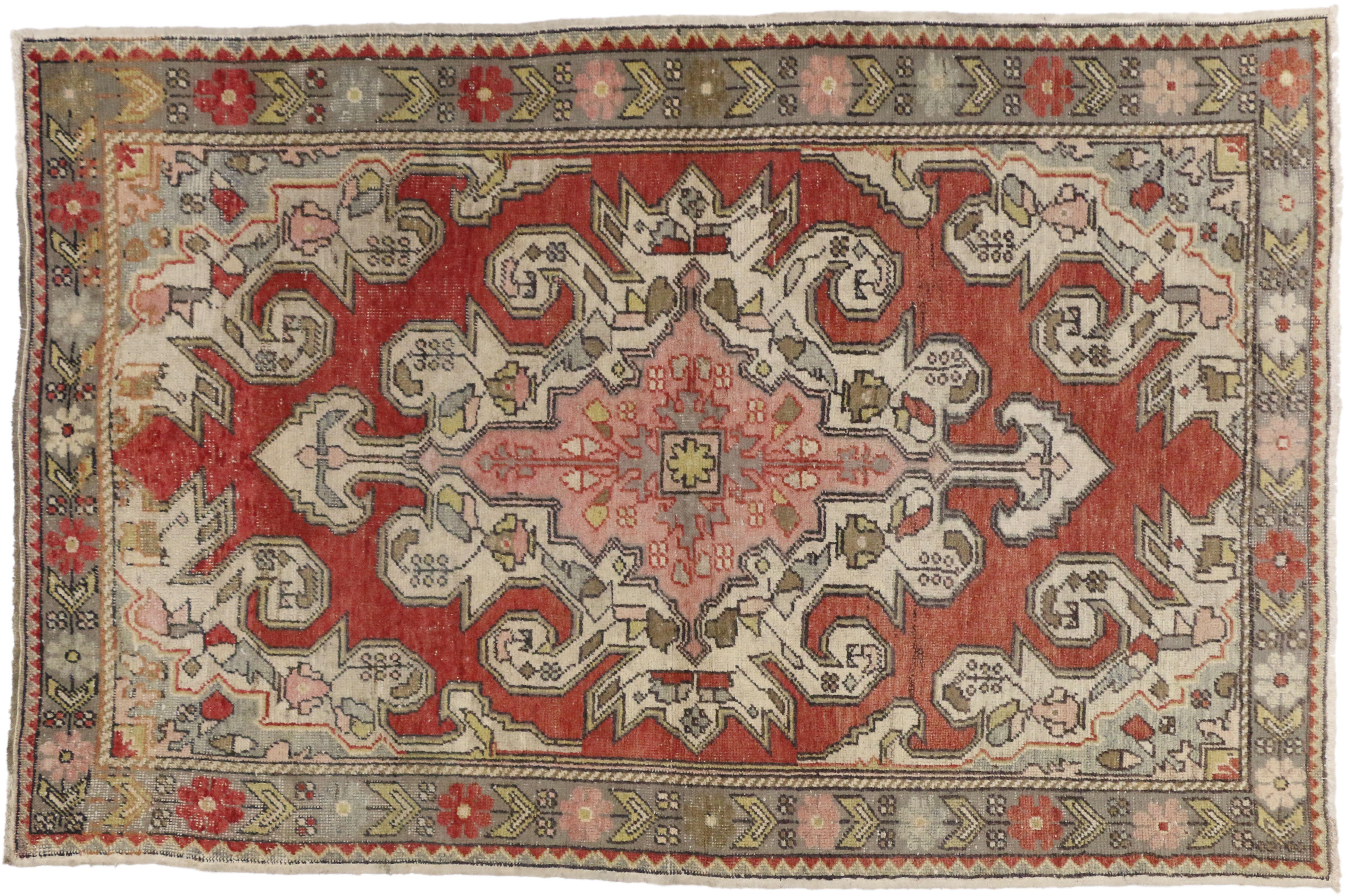 Wool Vintage Turkish Oushak Accent Rug with Modern Industrial Style For Sale