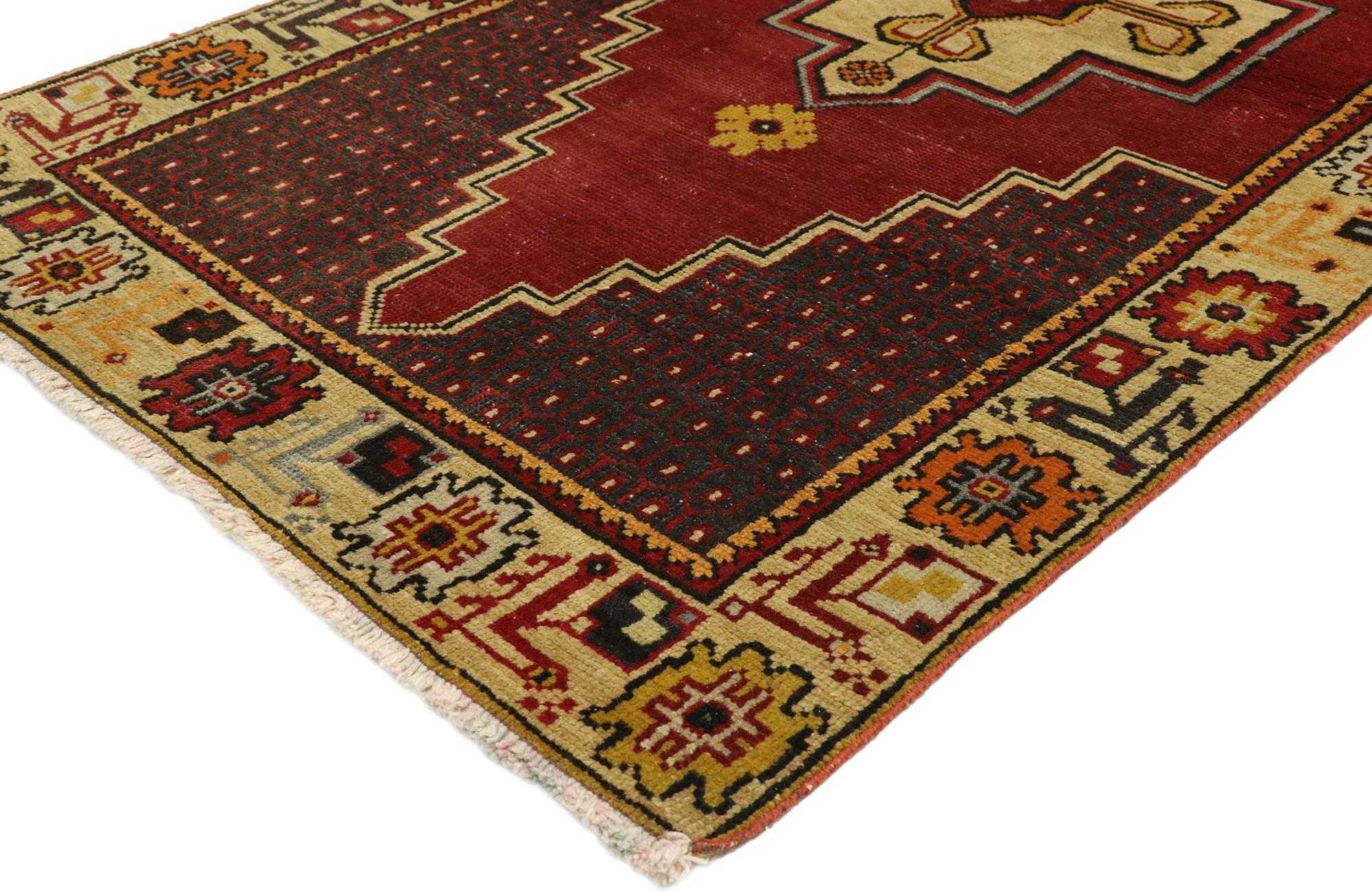 50054 vintage Turkish Oushak accent rug with Retro Art Deco style. With a bold geometric form and retro flair, this hand knotted wool vintage Turkish Oushak rug astounds with its beauty. Warm colors and Art Deco style add visual interest to this