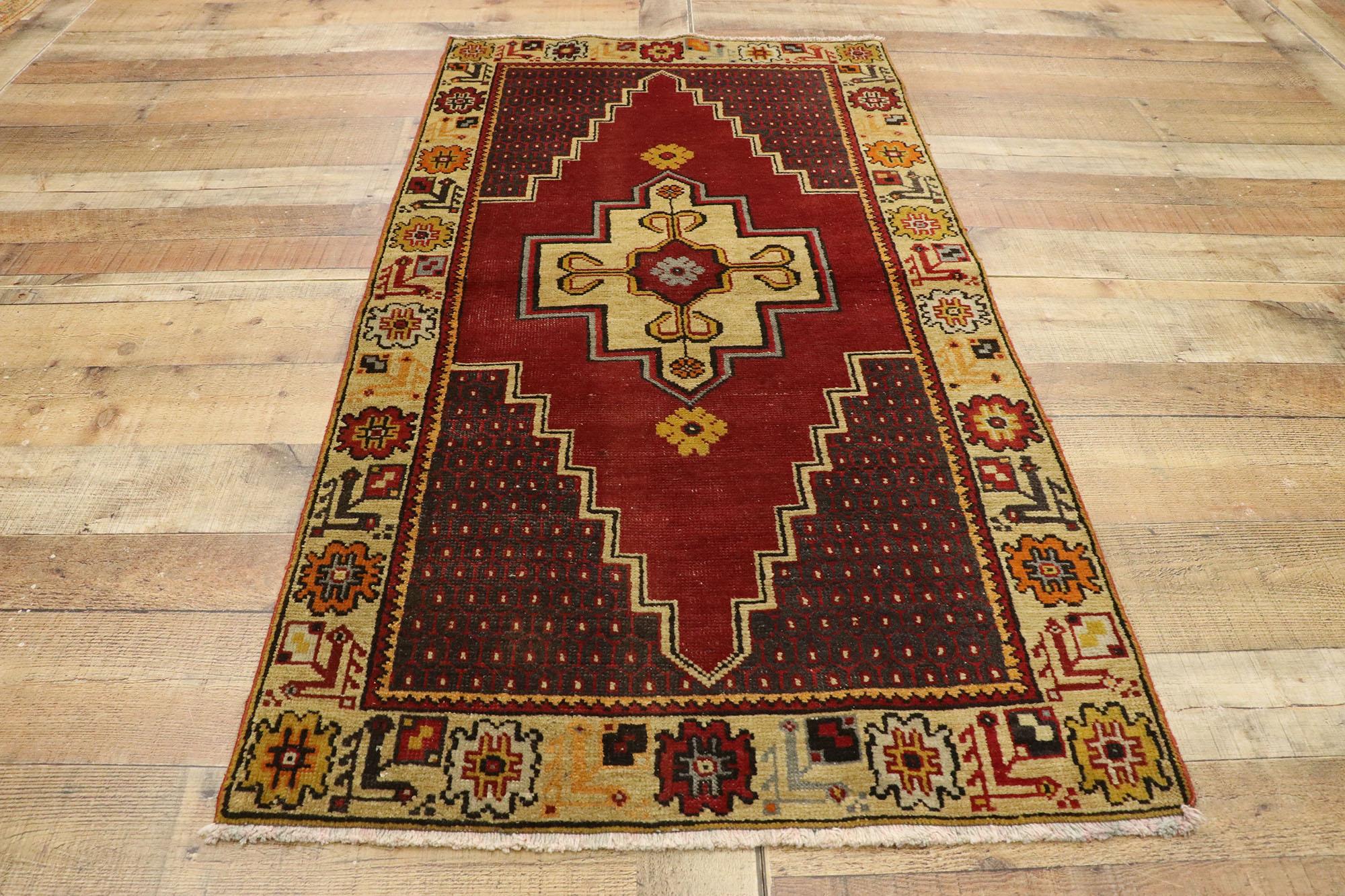 Wool Vintage Turkish Oushak Accent Rug with Retro Art Deco Style For Sale