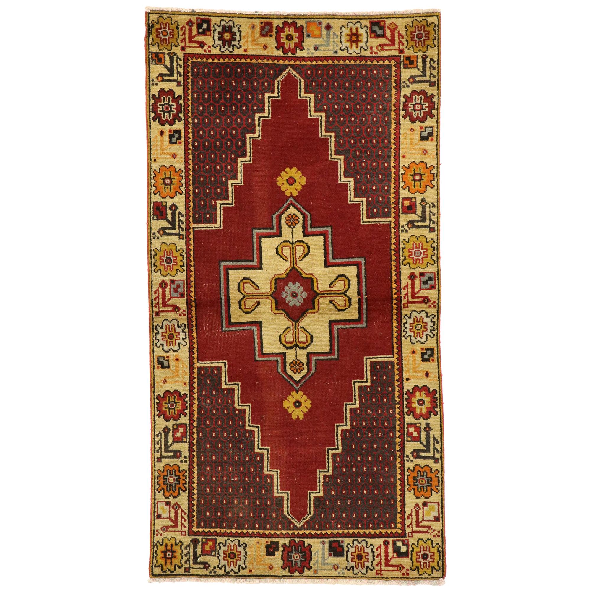 Vintage Turkish Oushak Accent Rug with Retro Art Deco Style For Sale