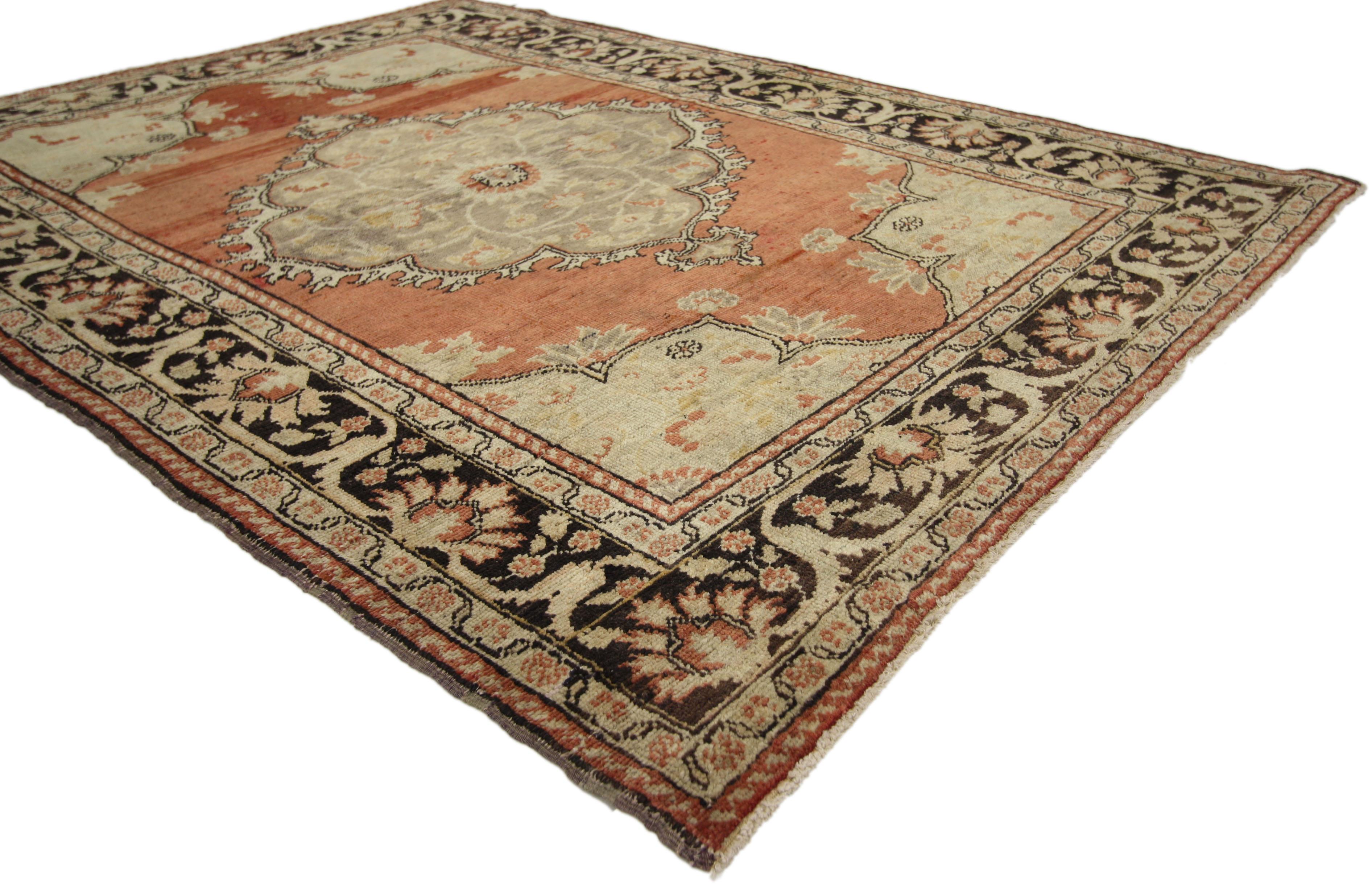 50632, Vintage Turkish Oushak Accent Rug with Rustic Bungalow Style. This luxurious traditional style Oushak rug features a classic medallion and corner motif. The intricate medallion in rendered in taupe, tan and beige on a sea of abrashed rustic