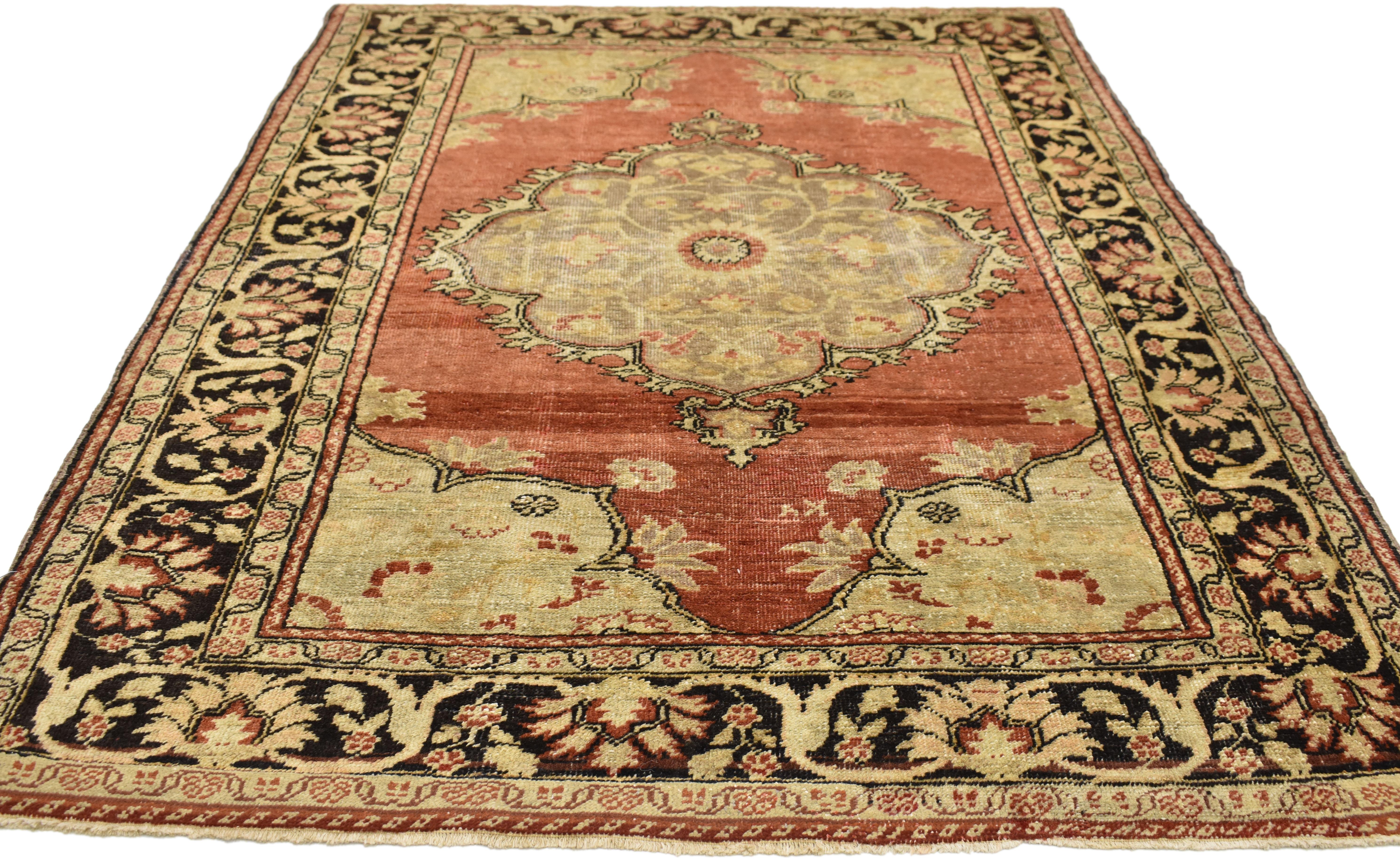 Modern Vintage Turkish Oushak Accent Rug with Rustic Bungalow Style For Sale