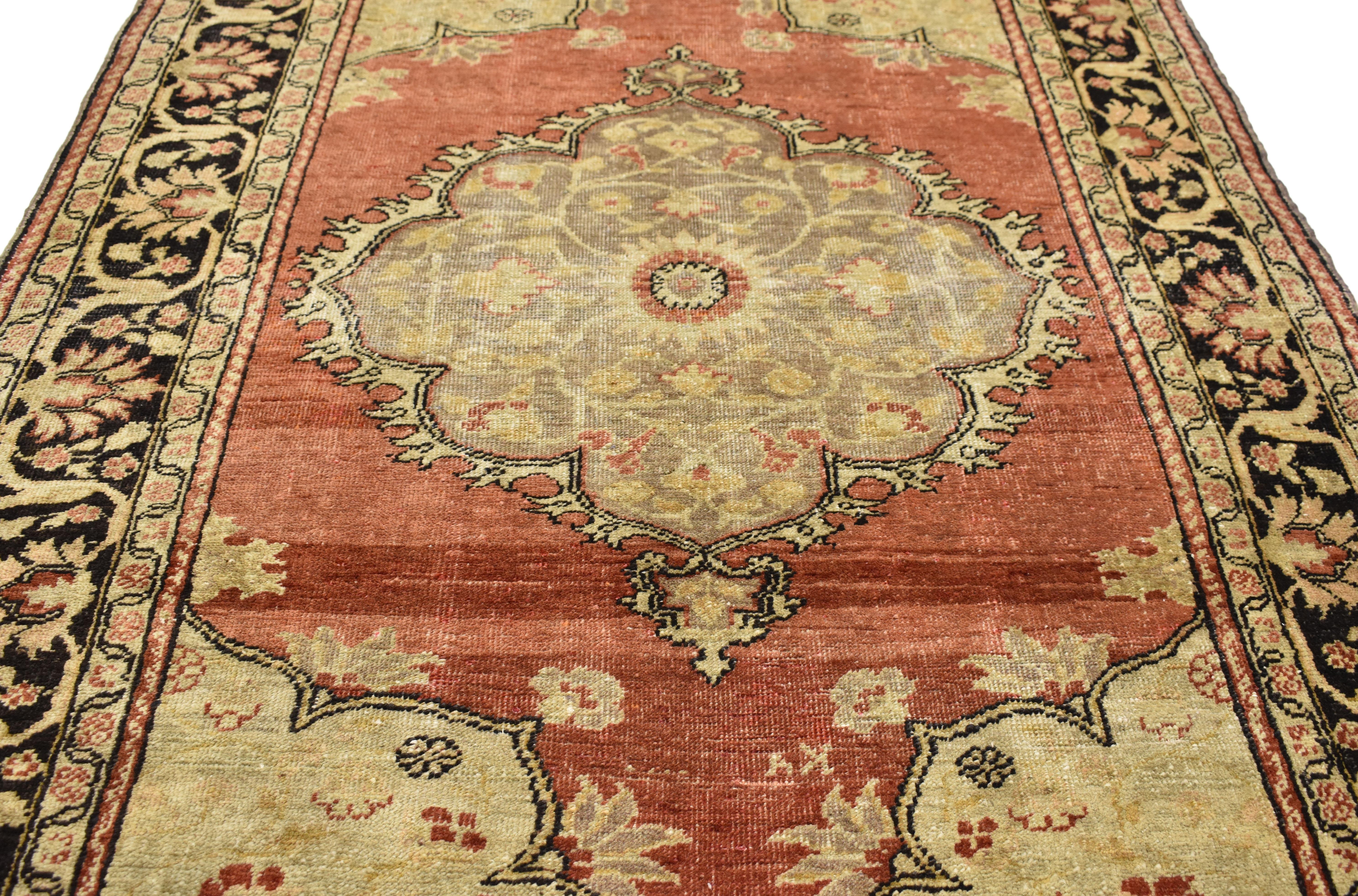 Hand-Knotted Vintage Turkish Oushak Accent Rug with Rustic Bungalow Style For Sale