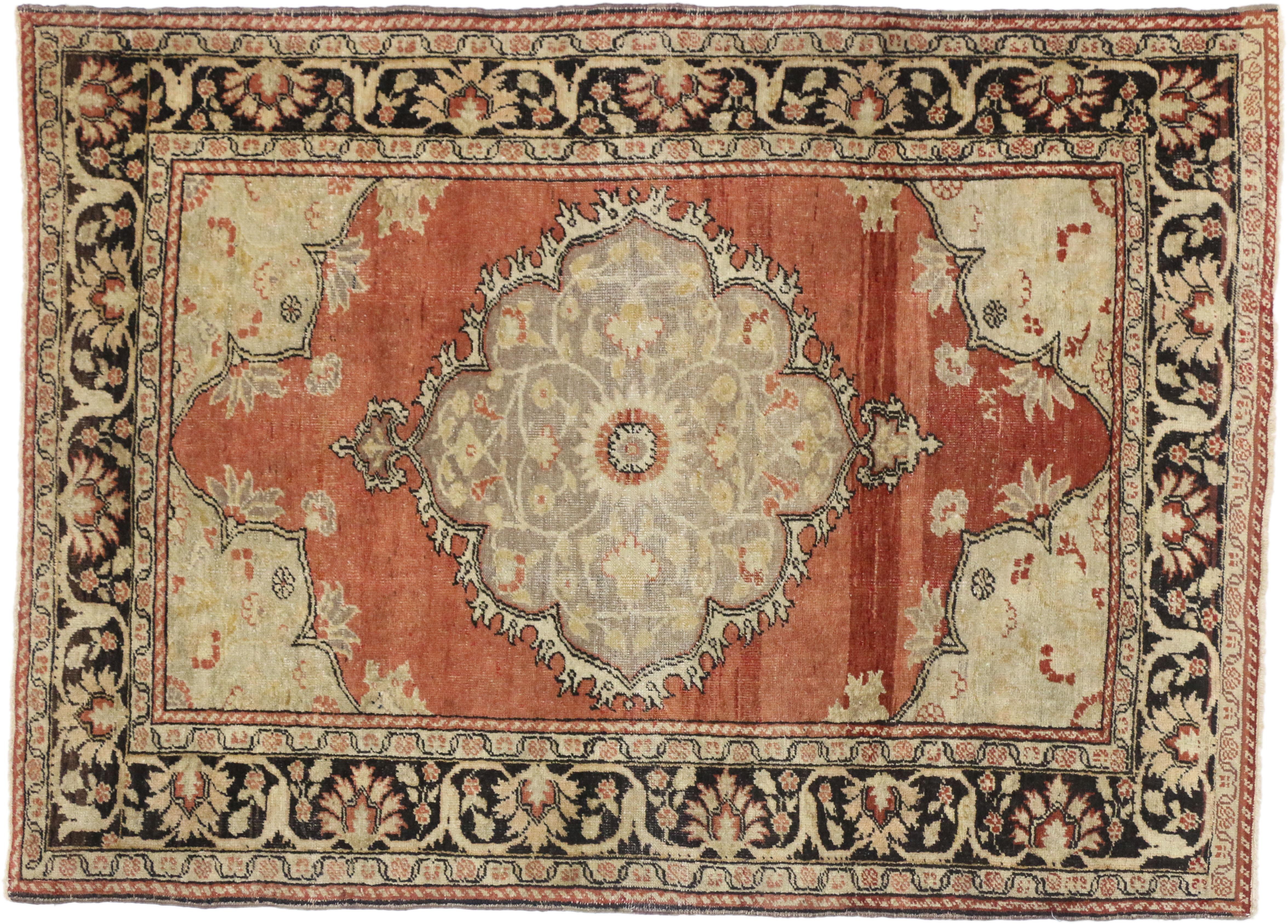 20th Century Vintage Turkish Oushak Accent Rug with Rustic Bungalow Style For Sale
