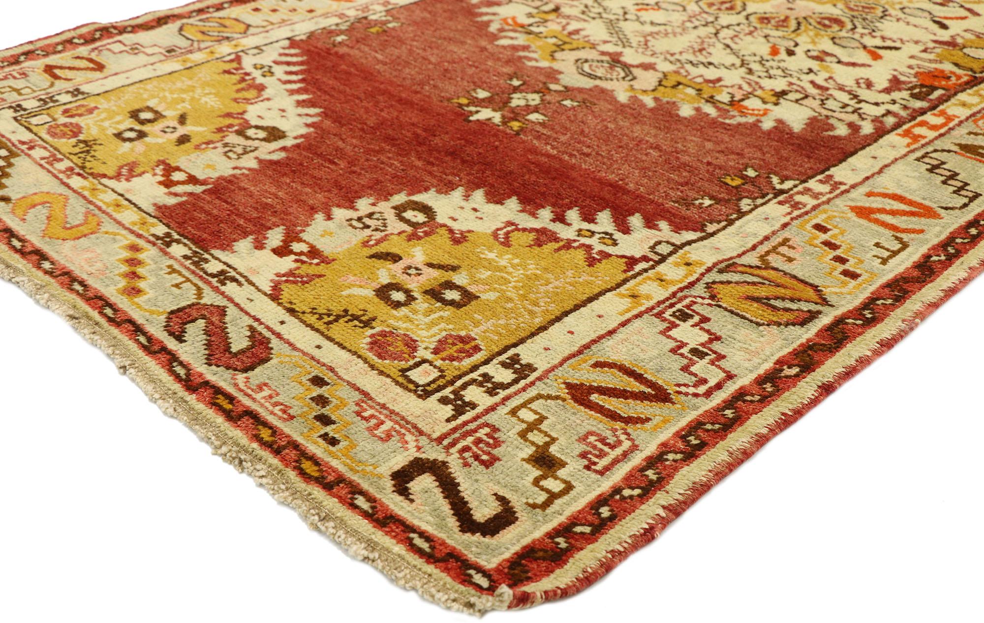 50129, vintage Turkish Oushak Accent rug with Rustic French Rococo style, entry or Foyer rug. Balancing a timeless design and rustic sensibility with French Rococo style, this hand knotted wool vintage Turkish Oushak rug is poised to impress. The