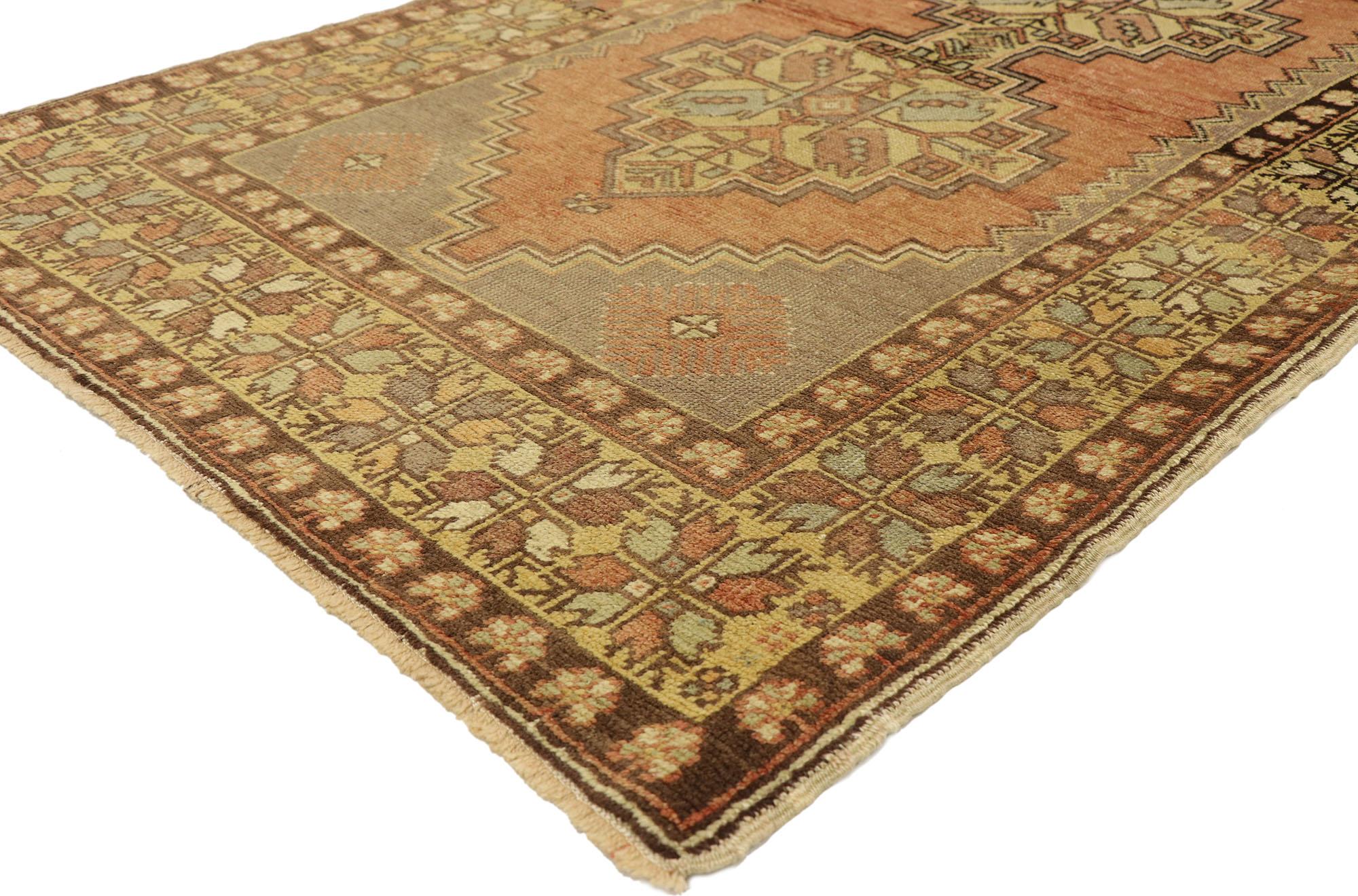 50172 vintage Turkish Oushak Accent rug with Rustic Spanish Revival style. Warm and inviting combined with rustic sensibility, this hand knotted wool vintage Turkish Oushak rug astounds with its rugged beauty. The abrashed rust and taupe cut-out