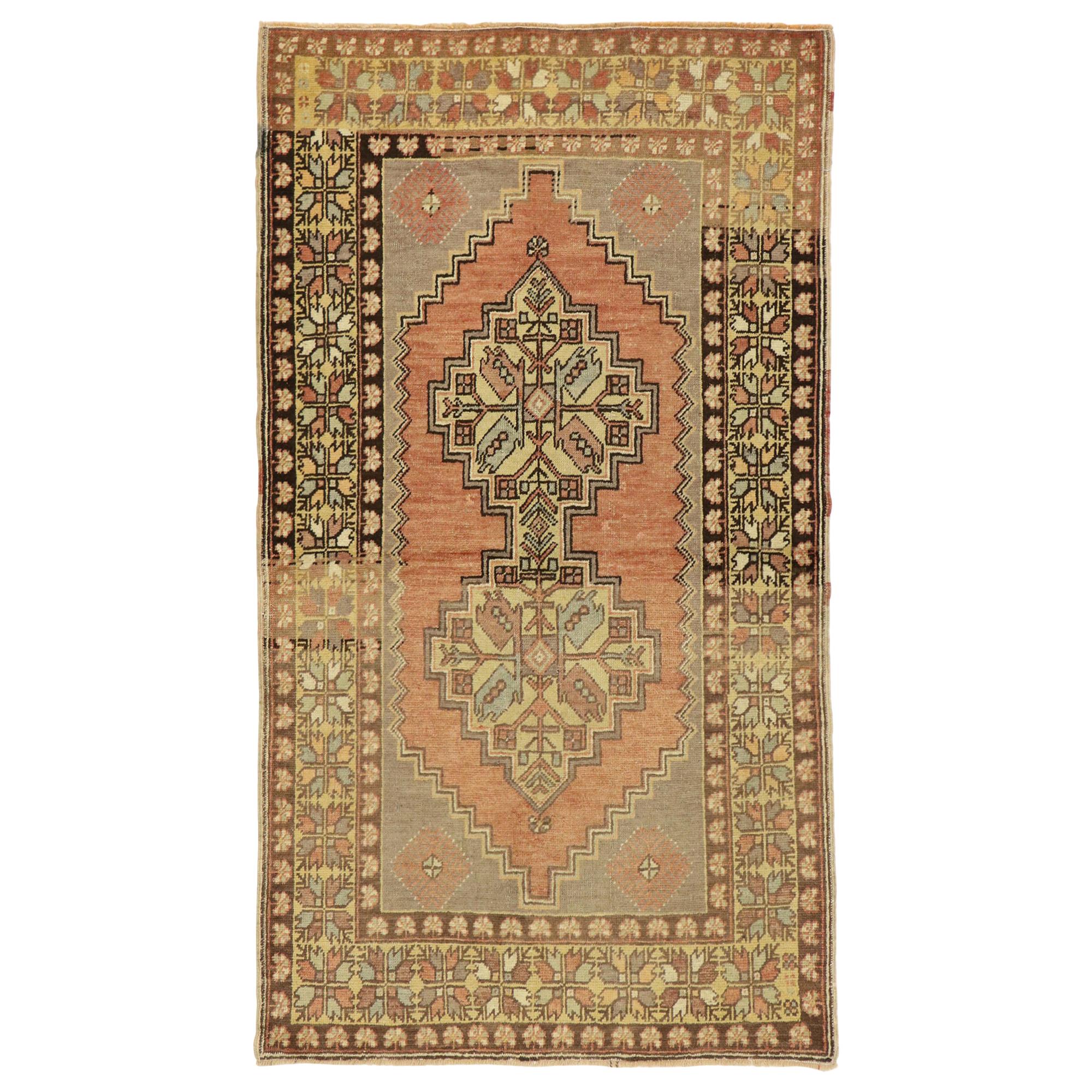 Vintage Turkish Oushak Accent Rug with Rustic Spanish Revival Style For Sale