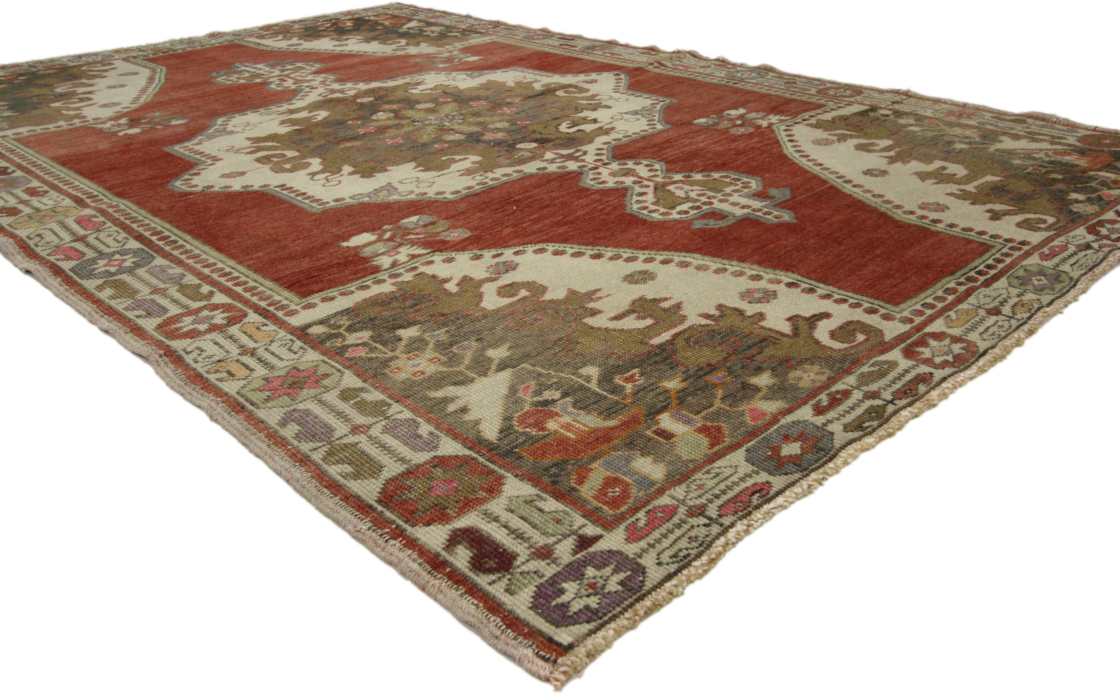 Hand-Knotted Vintage Turkish Oushak Accent Rug with Rustic Tudor Style For Sale