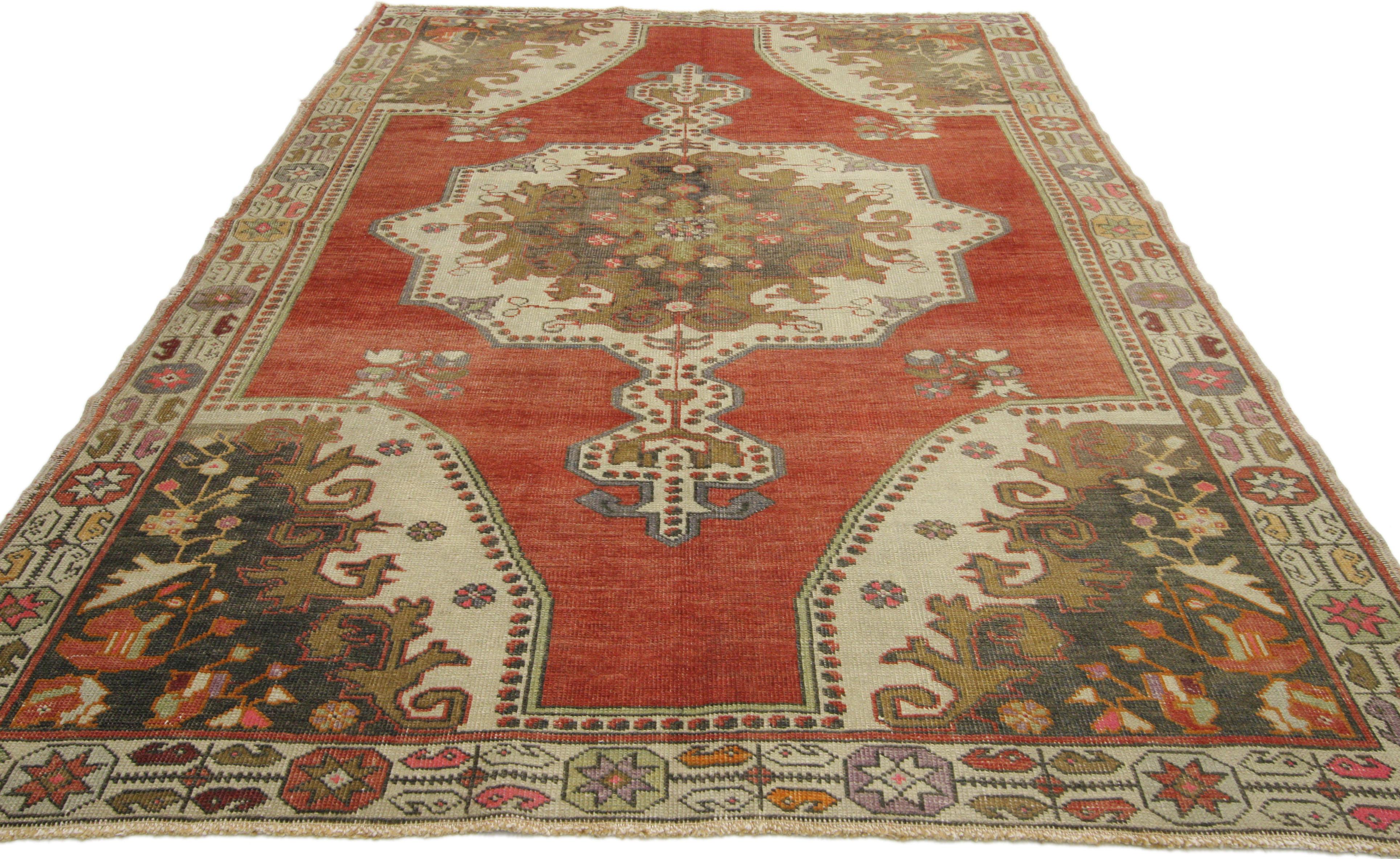 Vintage Turkish Oushak Accent Rug with Rustic Tudor Style In Good Condition For Sale In Dallas, TX