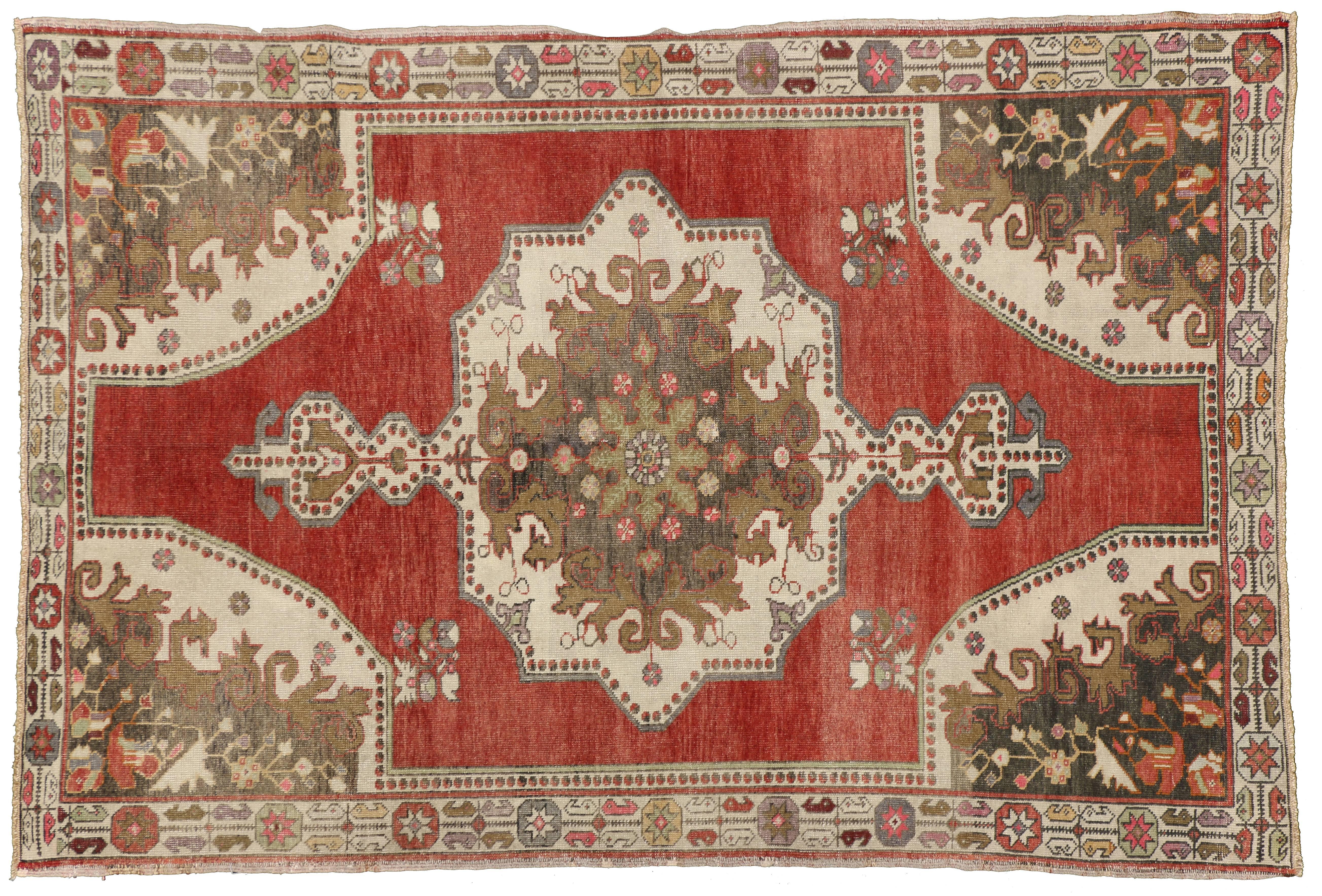 Wool Vintage Turkish Oushak Accent Rug with Rustic Tudor Style For Sale