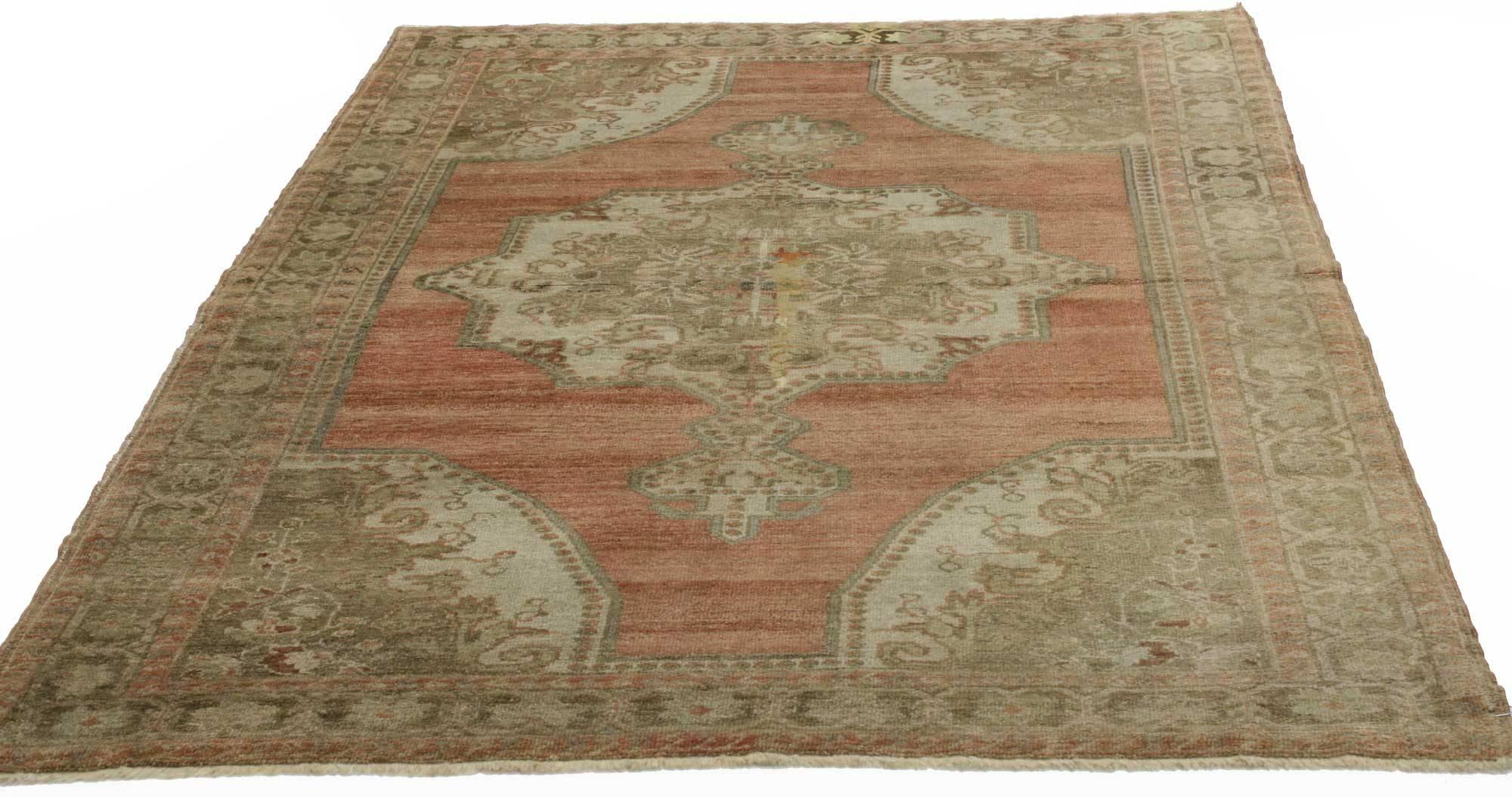 Hand-Knotted Vintage Turkish Oushak Accent Rug with Traditional Style For Sale