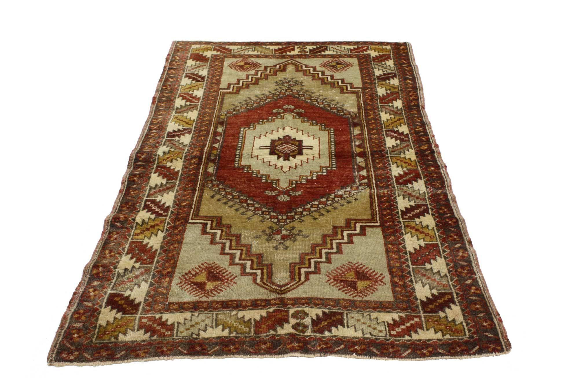 Hand-Knotted Vintage Turkish Oushak Accent Rug with Tribal Style For Sale