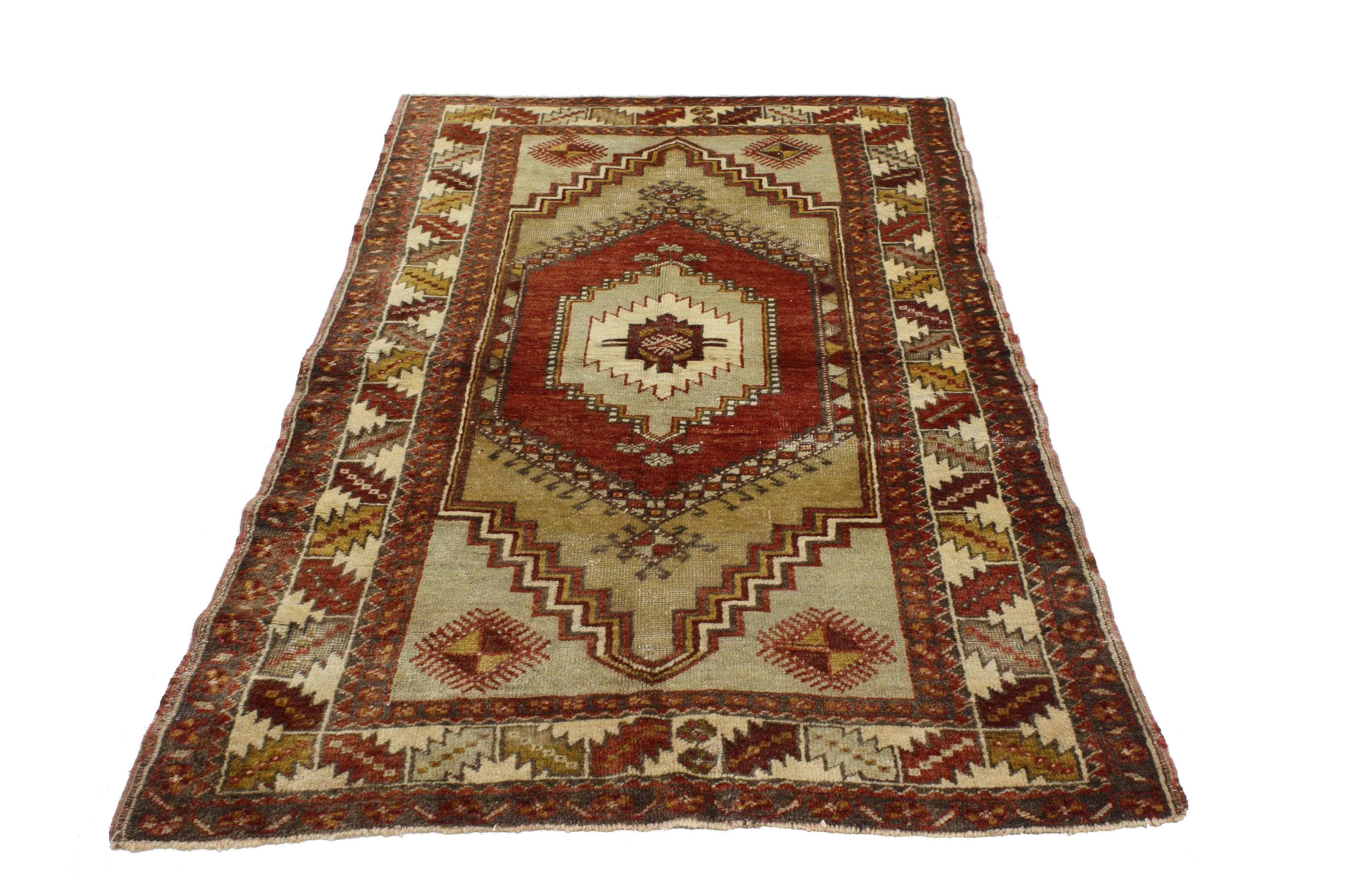 Wool Vintage Turkish Oushak Accent Rug with Tribal Style For Sale